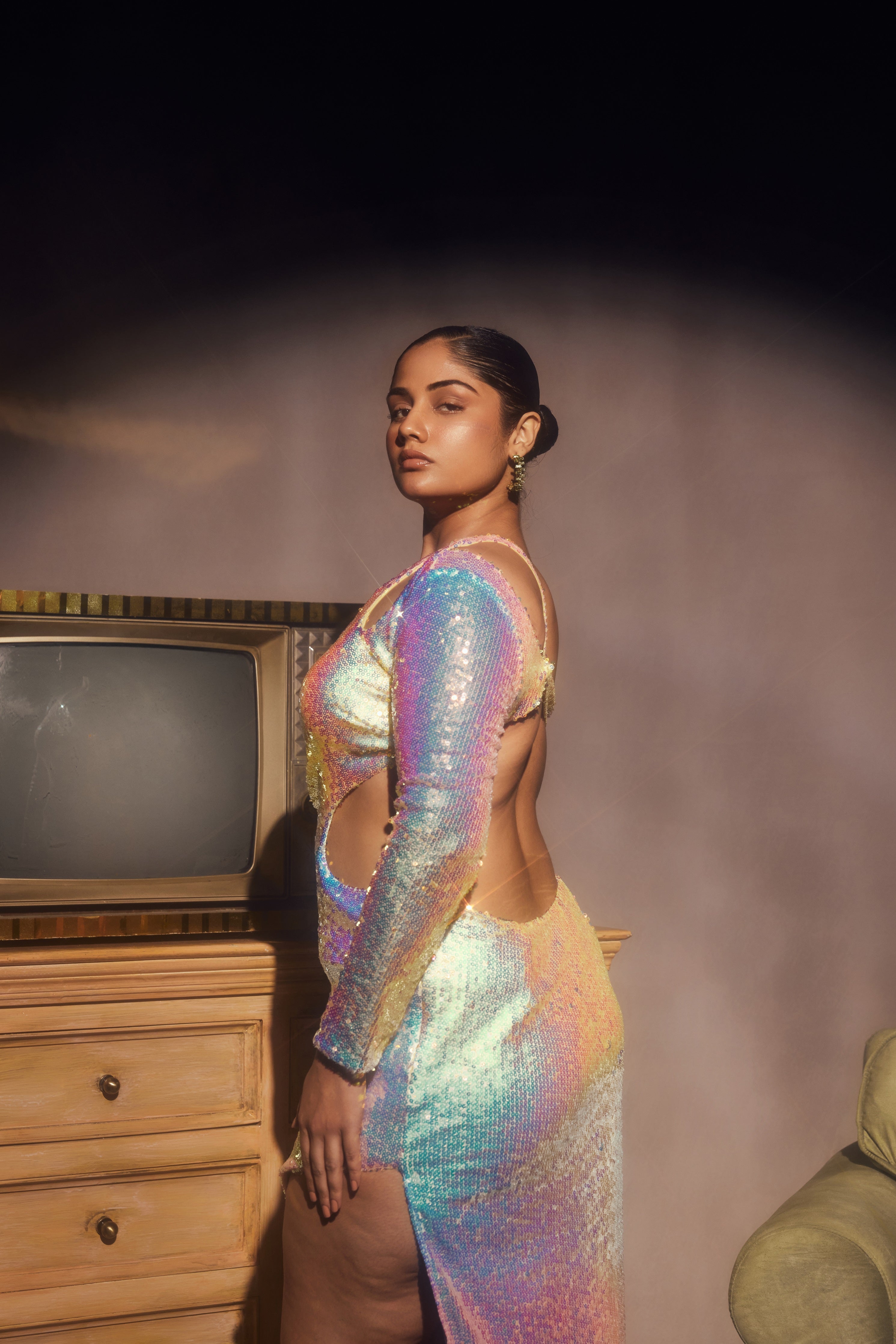 Rainbow sequin one shoulder dress