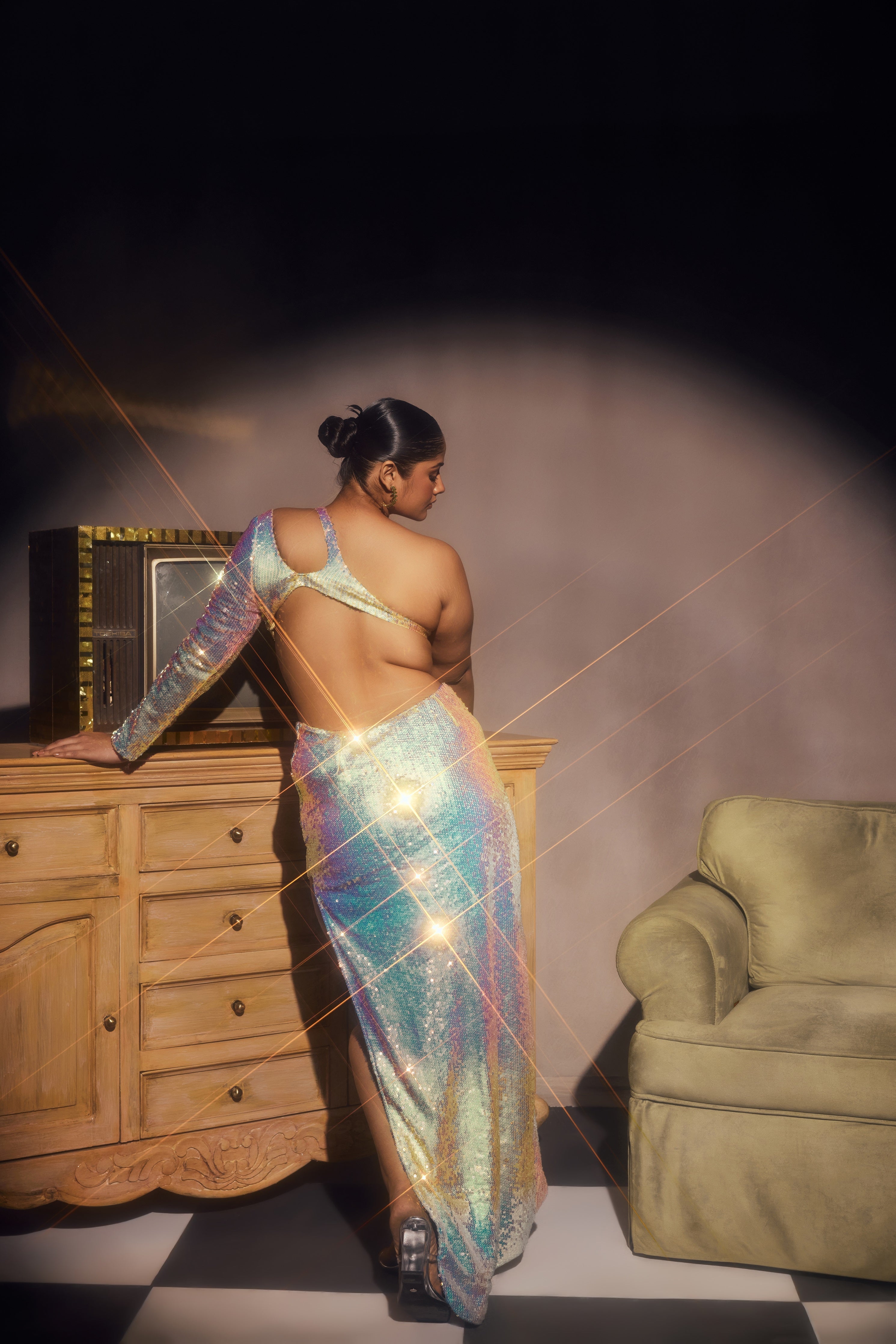 Rainbow sequin one shoulder dress
