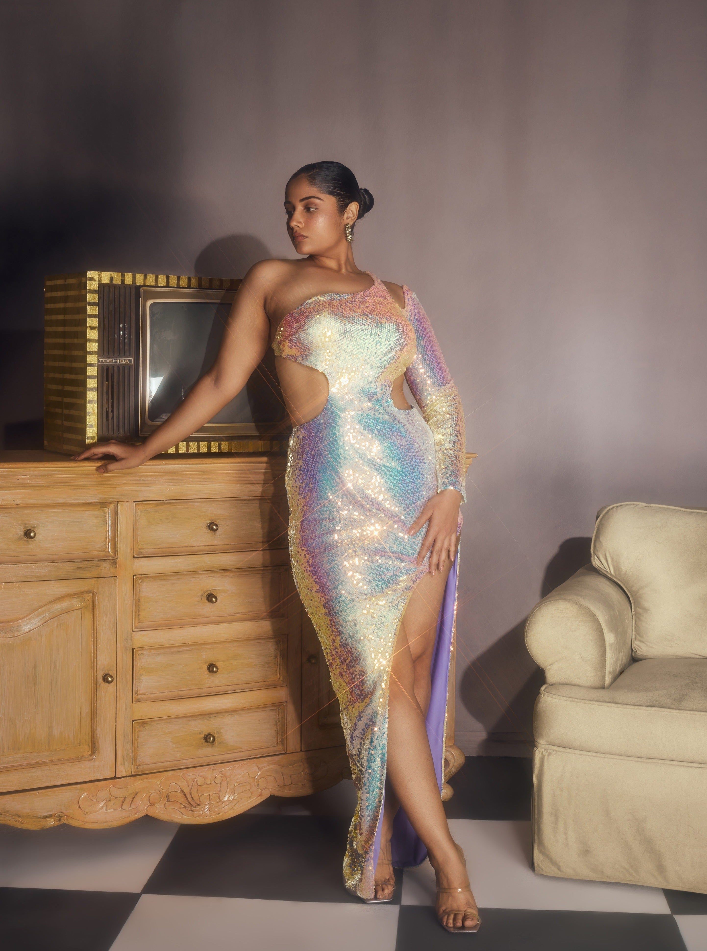 Rainbow sequin one shoulder dress