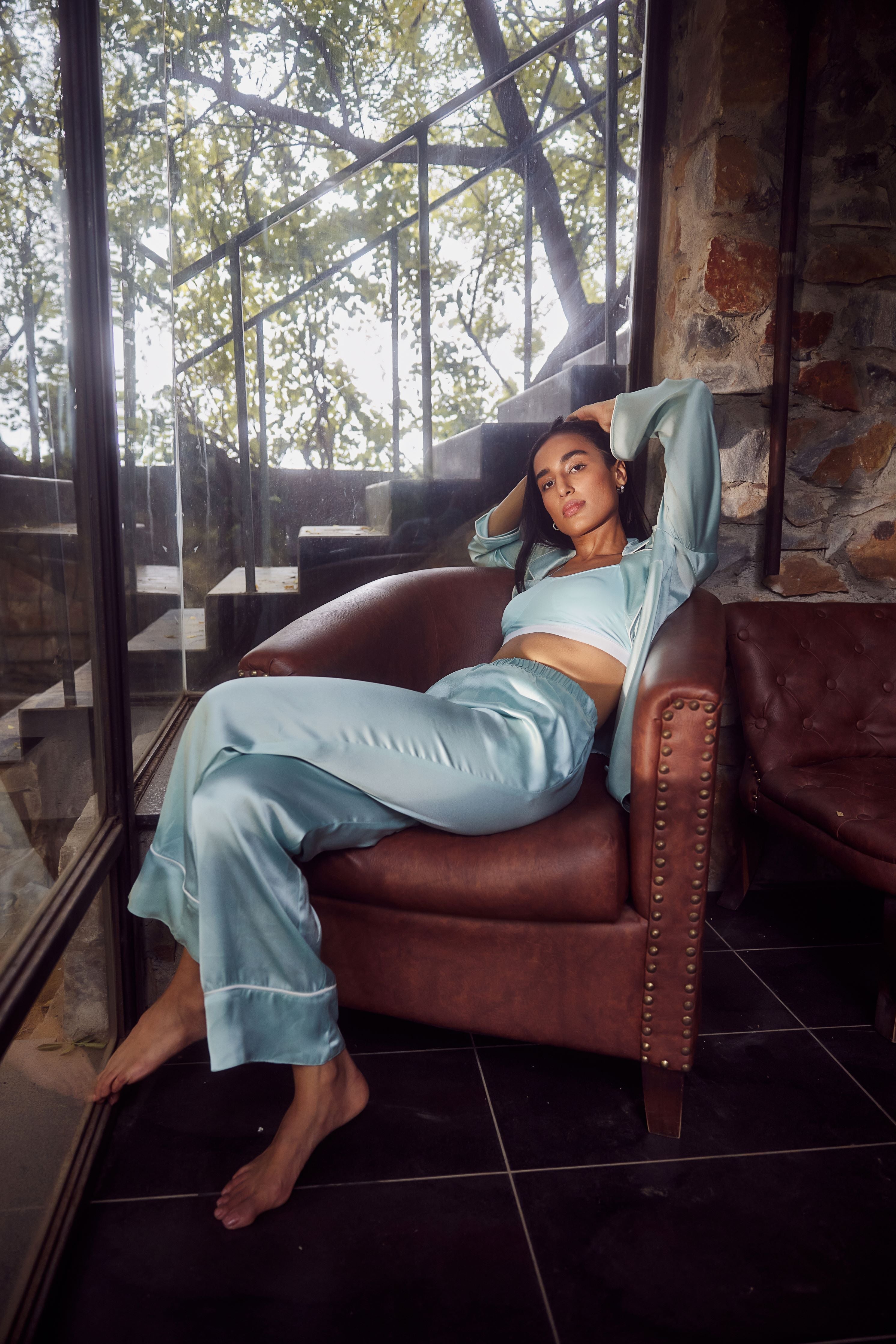 Buy Our Remi Baby Blue Satin Shirt + Pyjama Pants Lounge Set