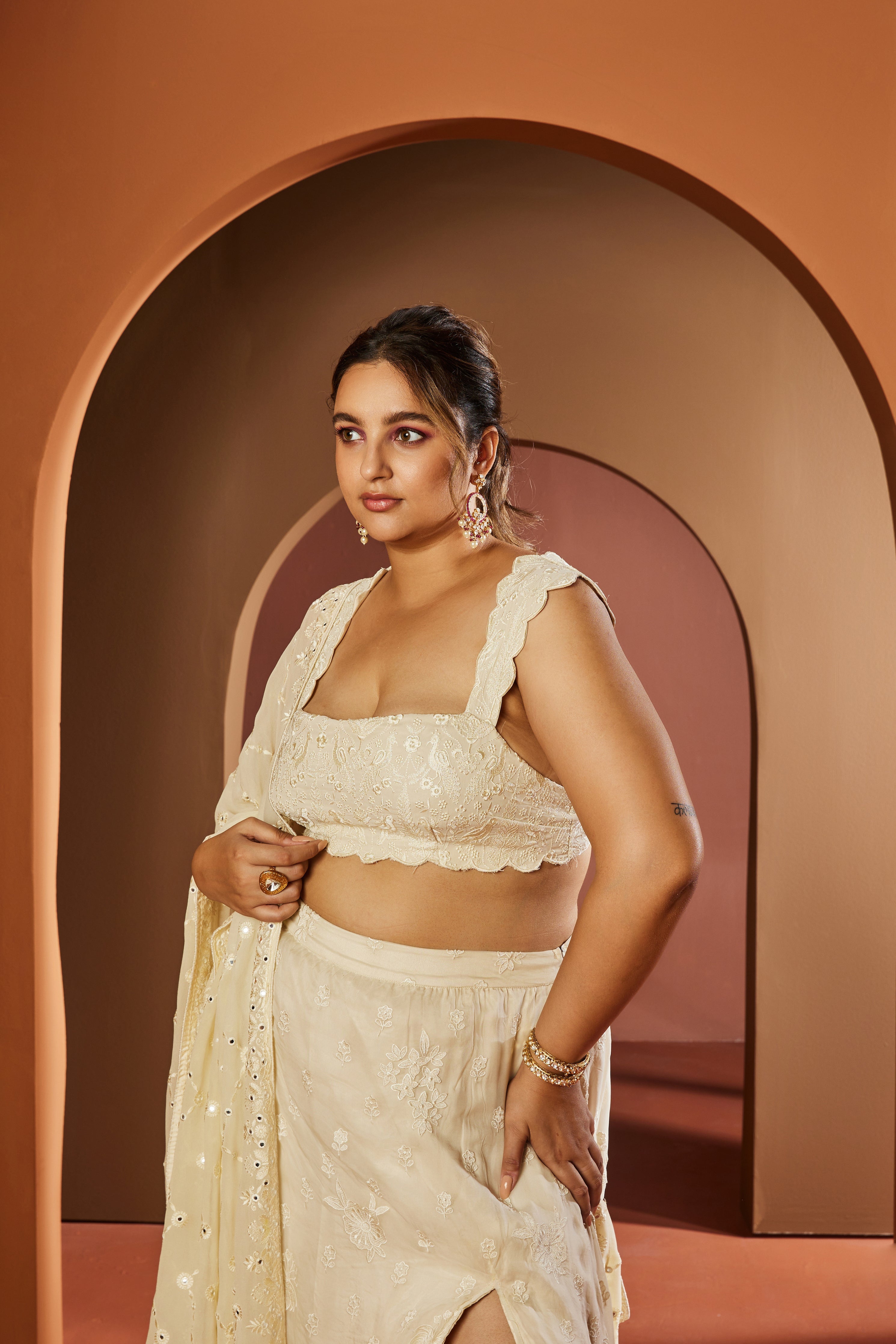Shop Ivory Embroidered Slit Lehenga Online