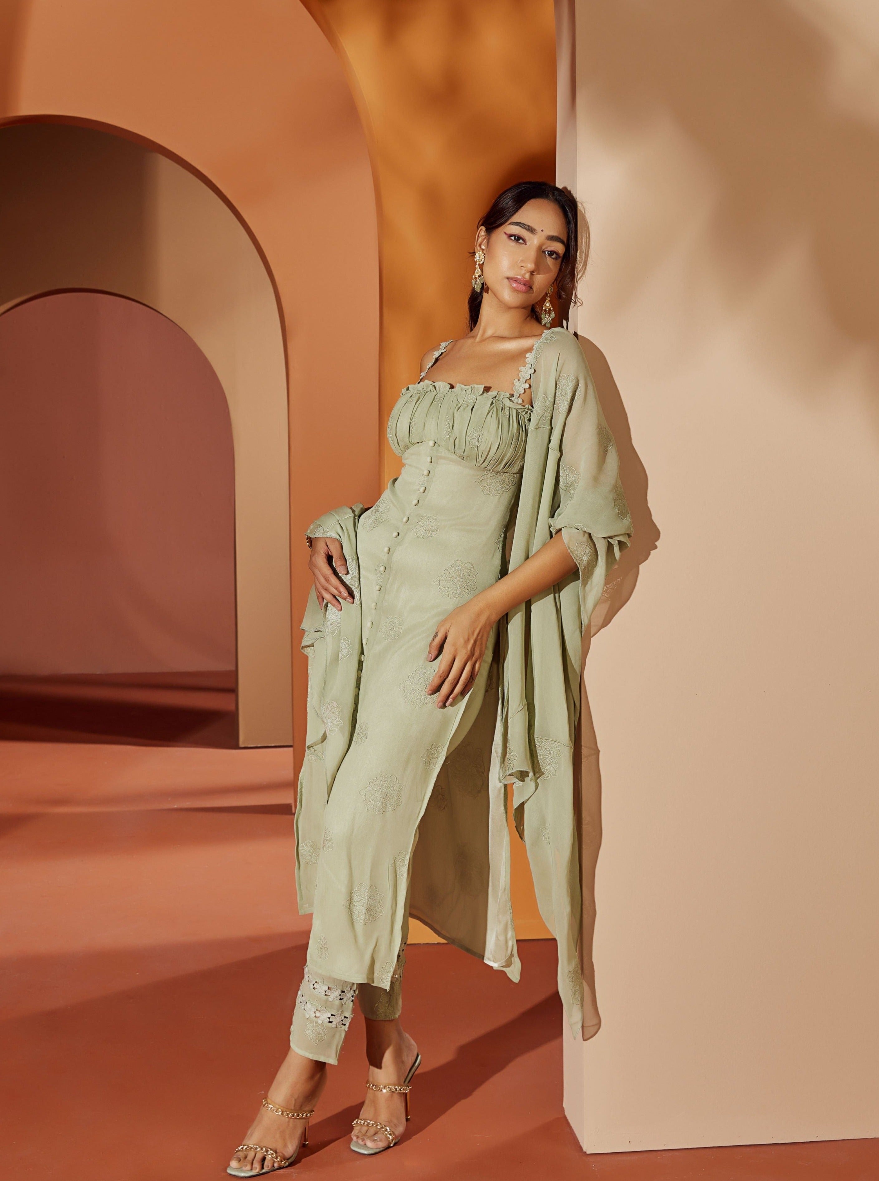 Shop Green Embroidered Georgette Kurta Set
