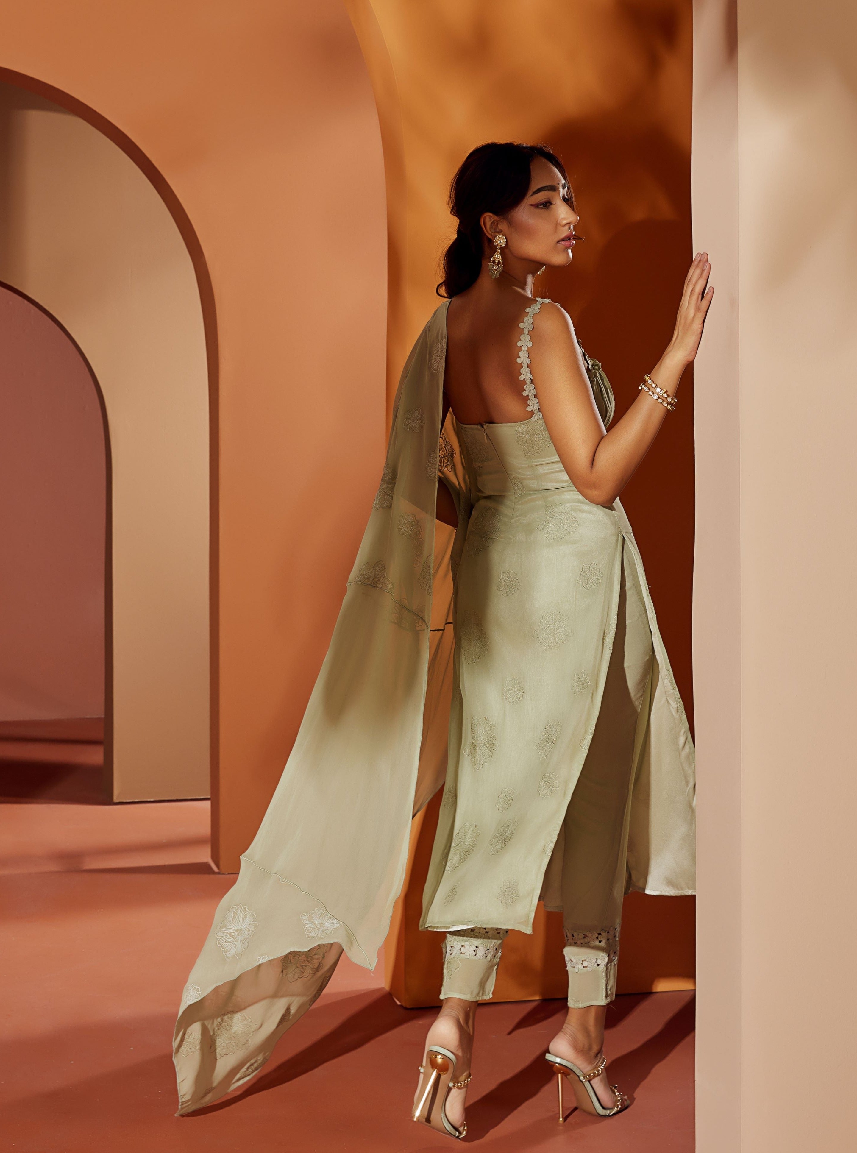 Shop Green Embroidered Georgette Kurta Set