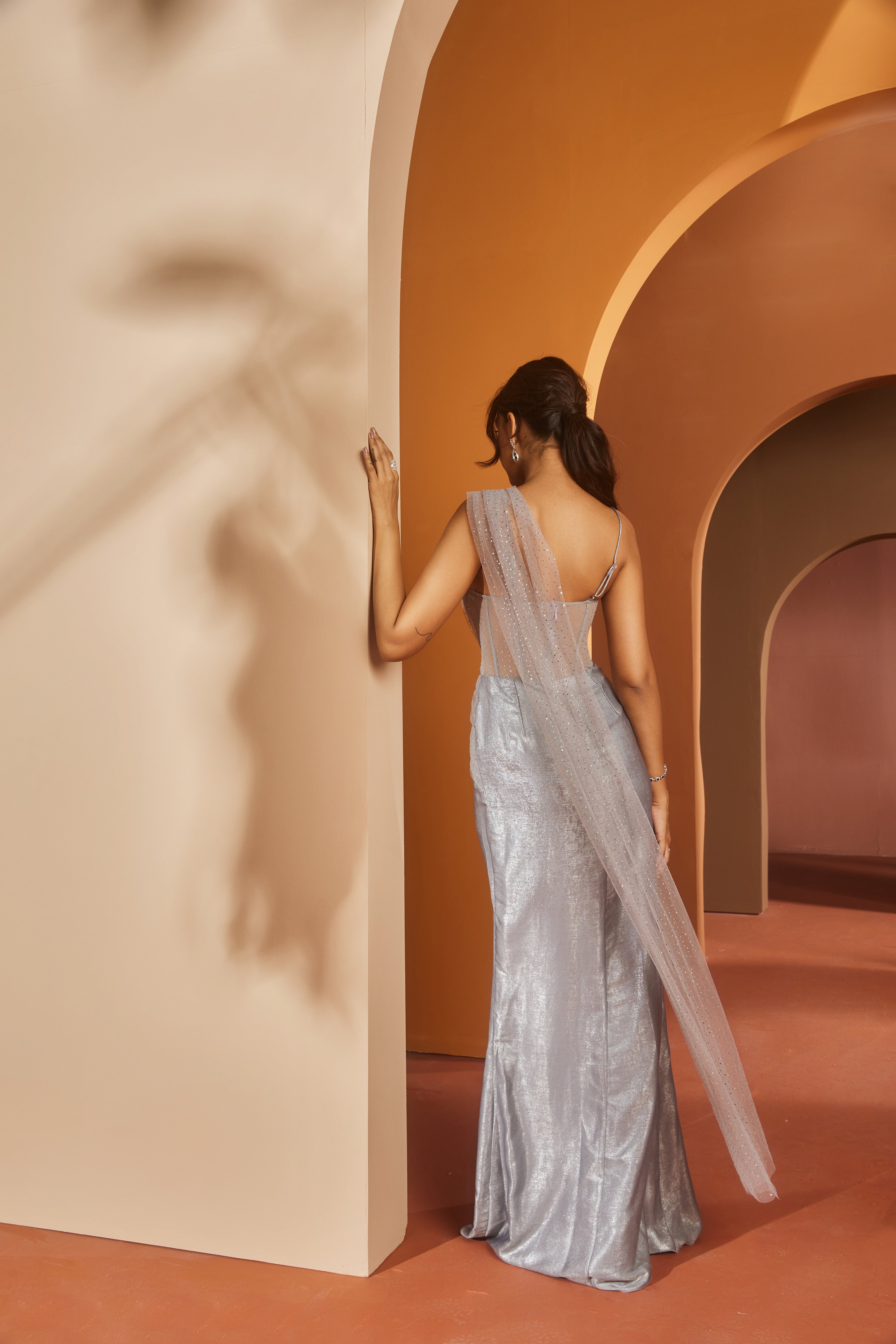 Faizah Grey Glitter Georgette One- Piece Saree Set