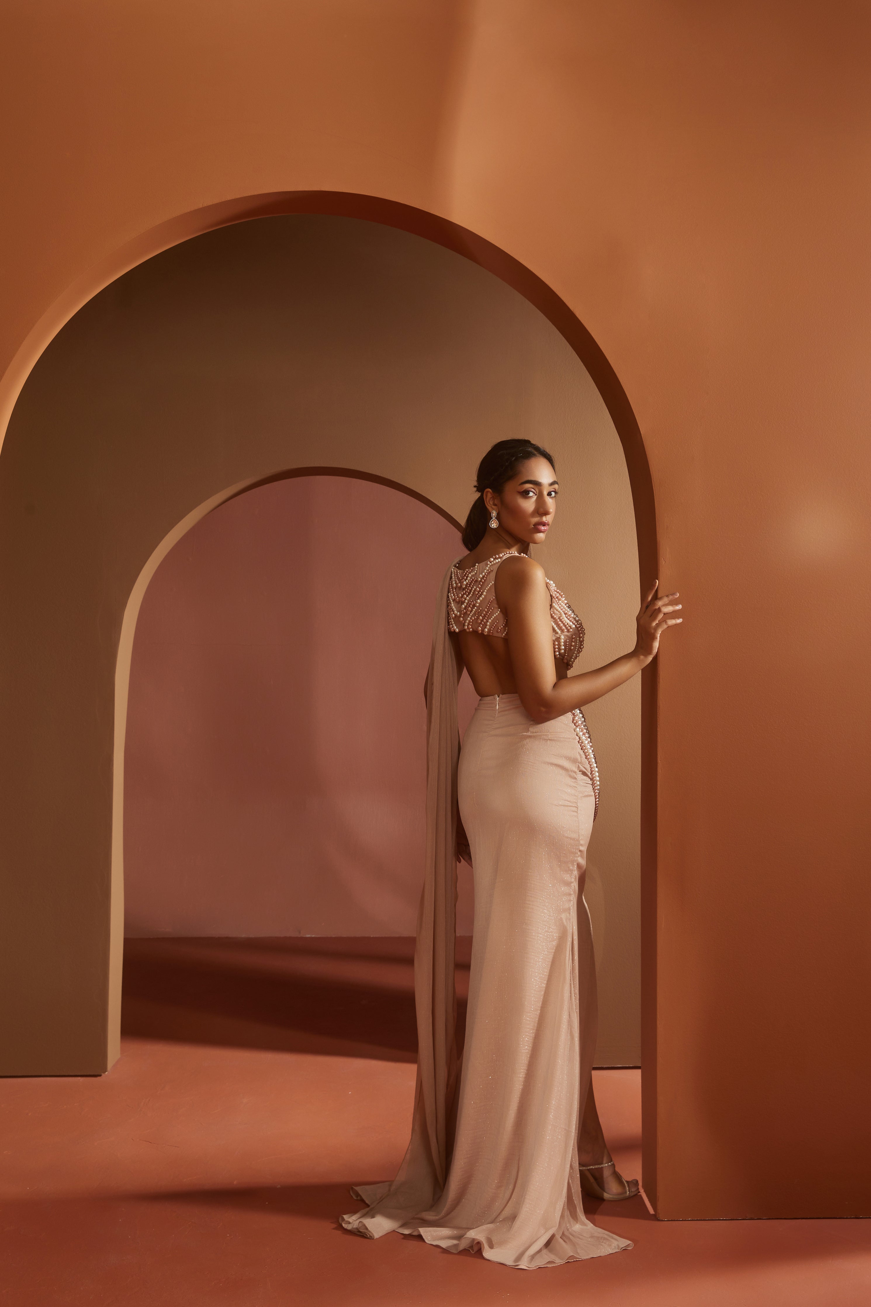 Idika Nude Pink Pearl Criss-Cross Cutout Gown
