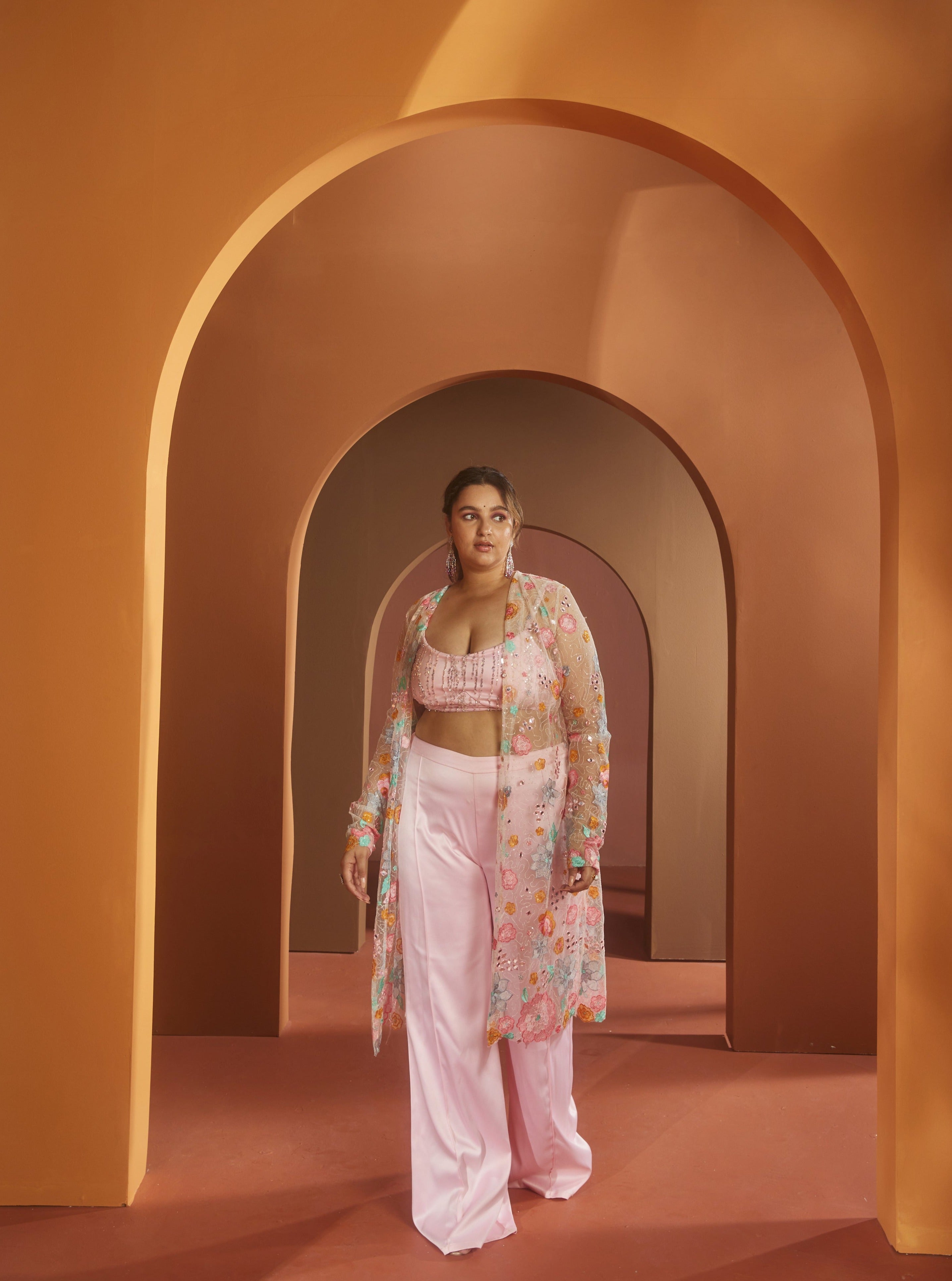 Buy Baby Pink Satin Floral Embroidery Coord Set