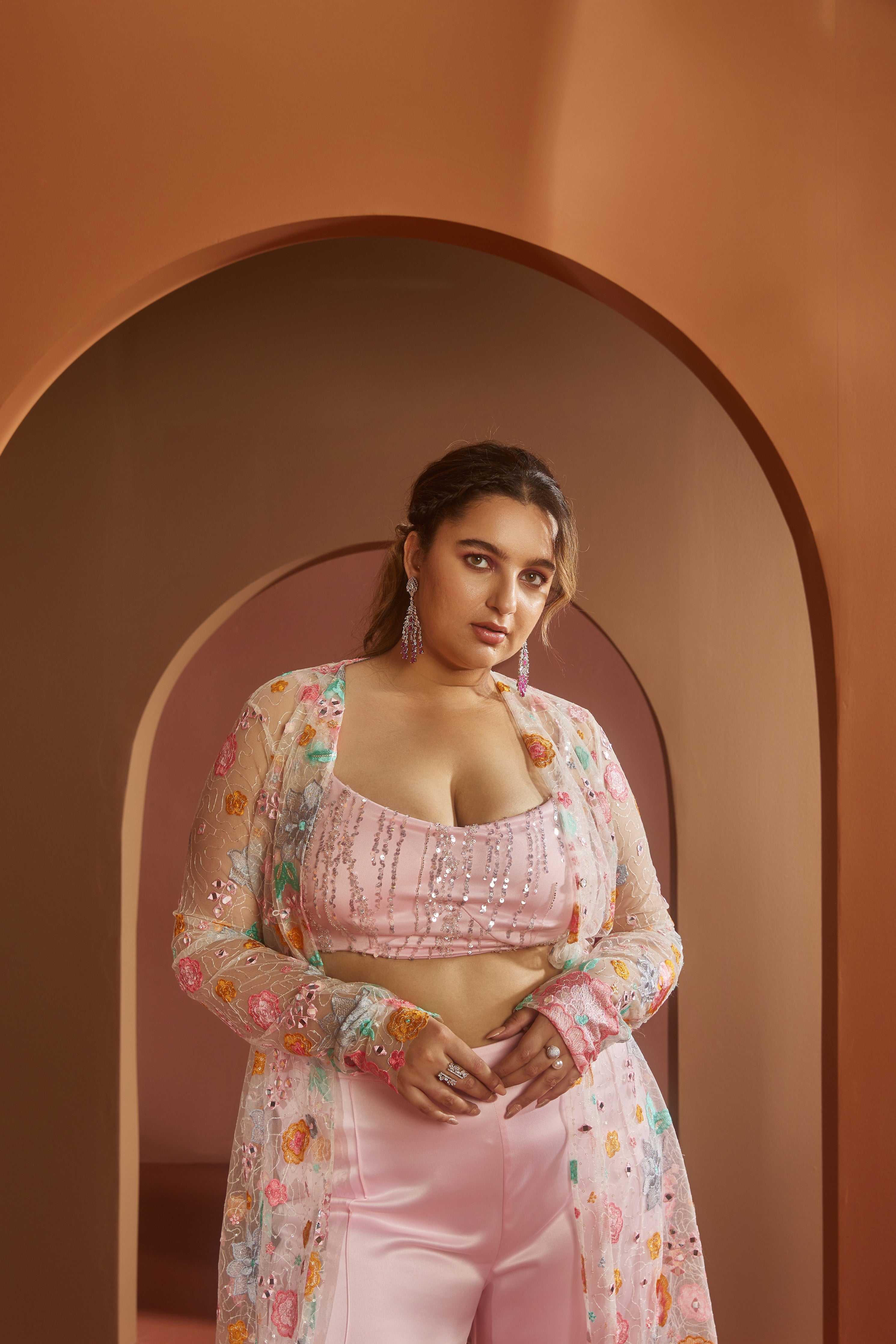 Buy Baby Pink Satin Floral Embroidery Coord Set