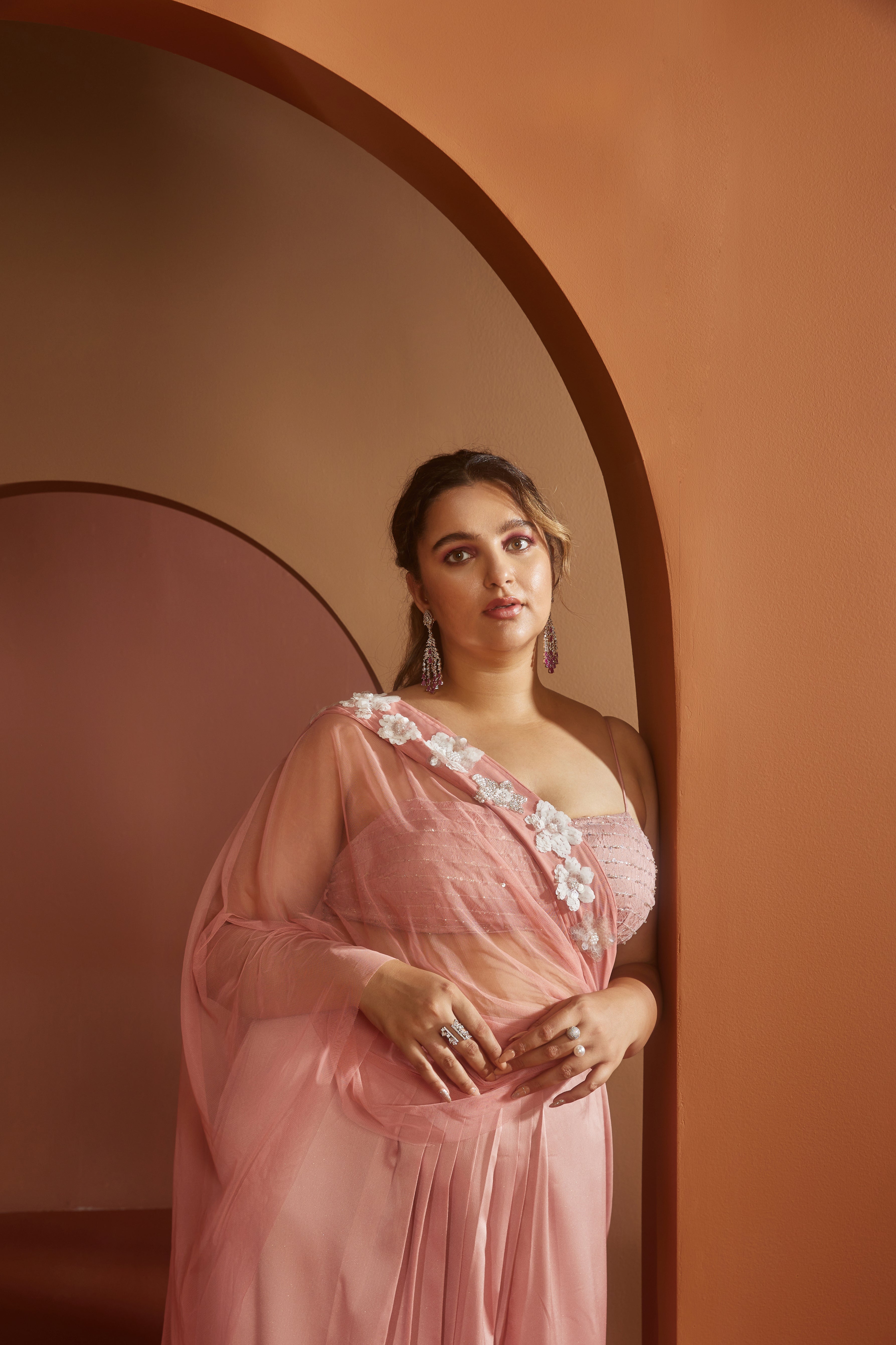 Pink 3D Flower Saree Set