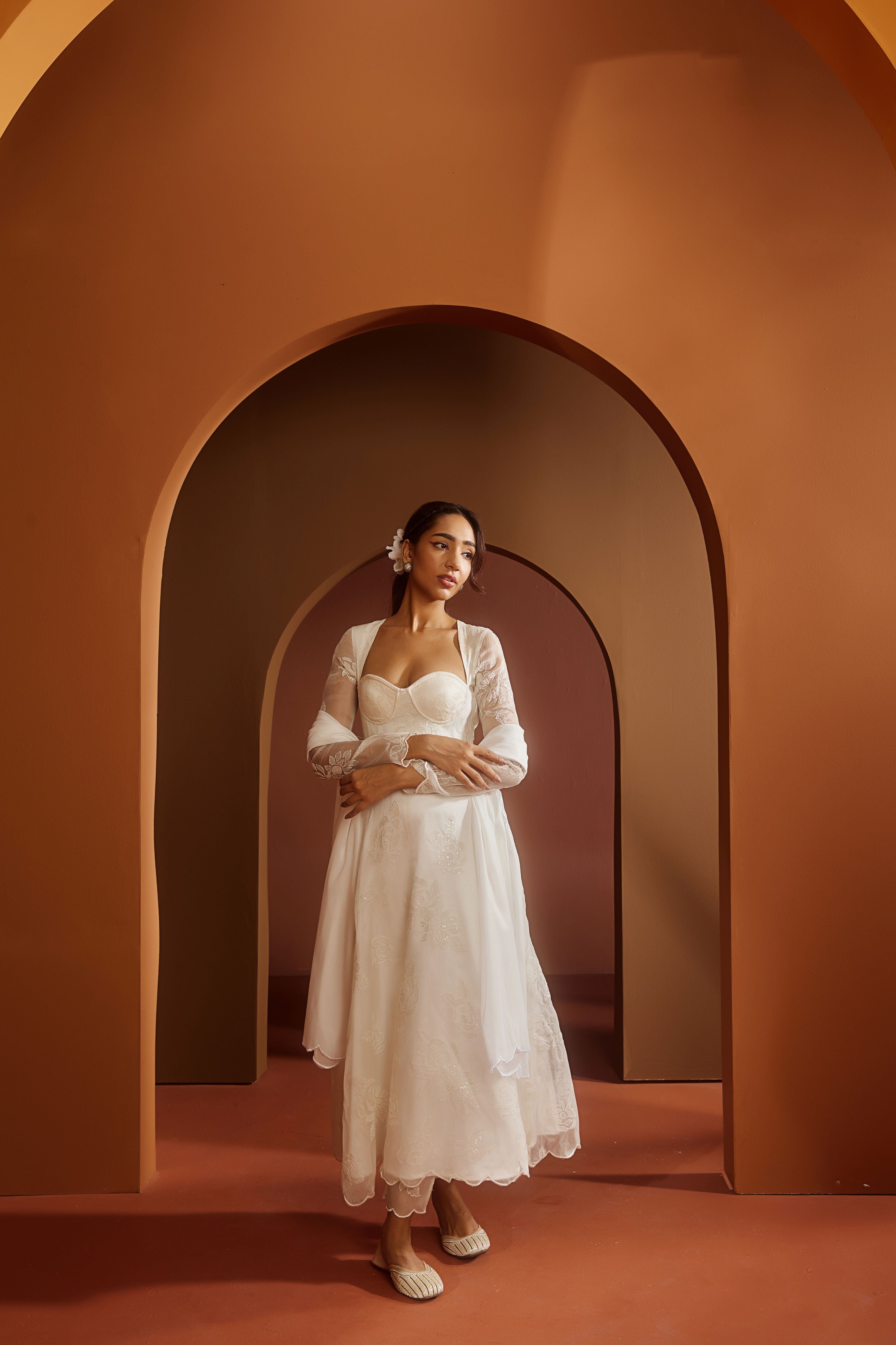 Avya White Embroidered Corset Anarkali Suit