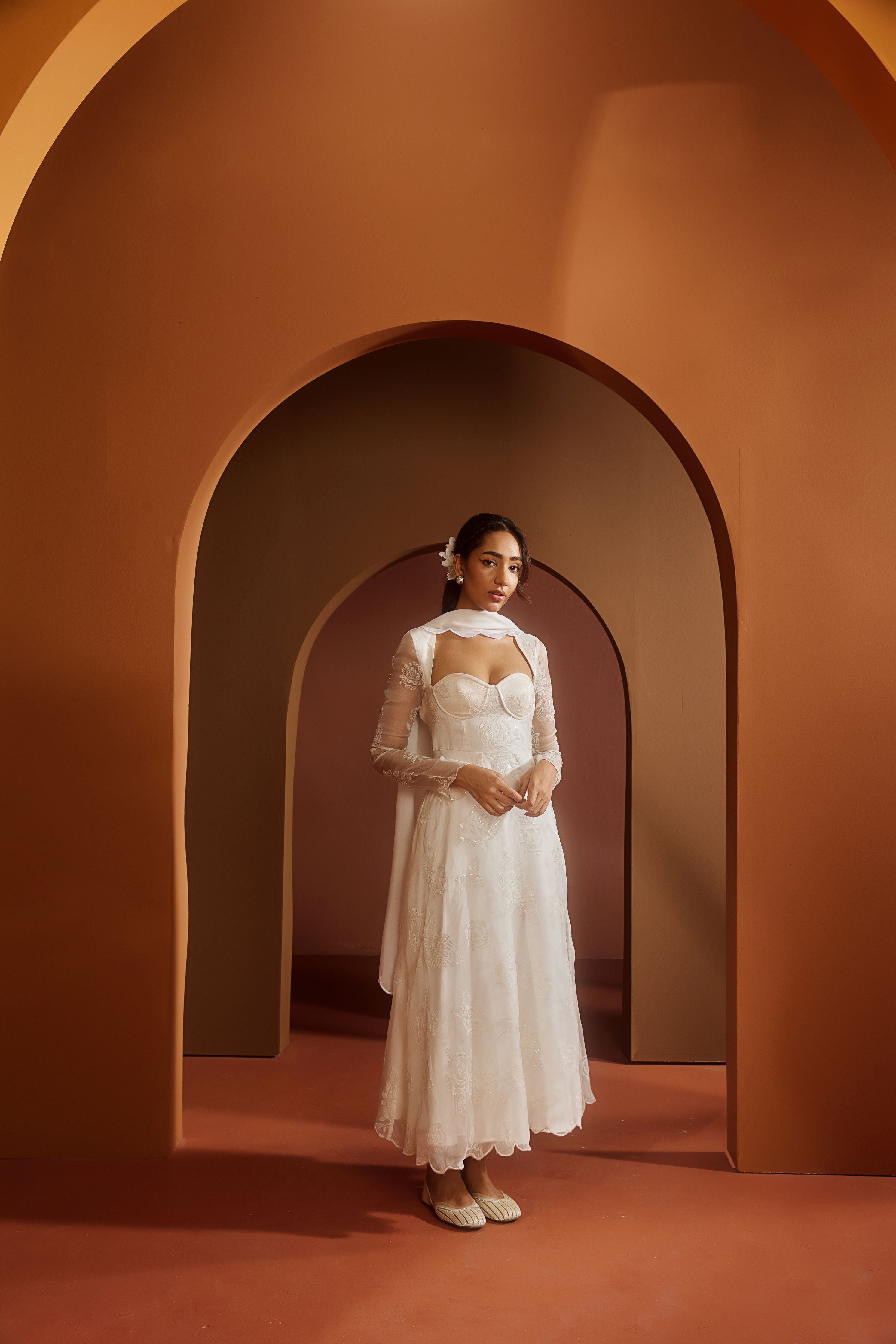Avya White Embroidered Corset Anarkali Suit