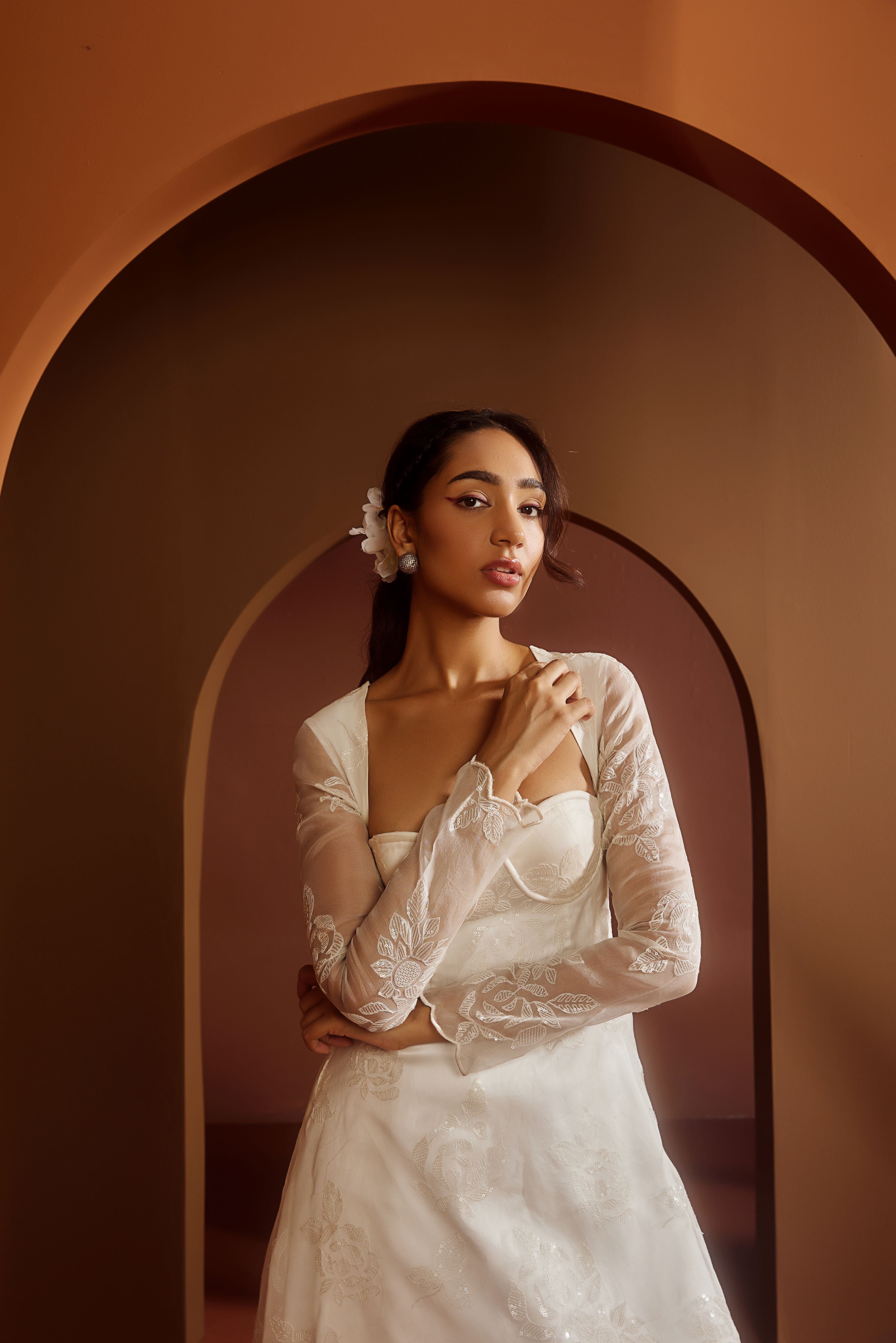 Avya White Embroidered Corset Anarkali Suit