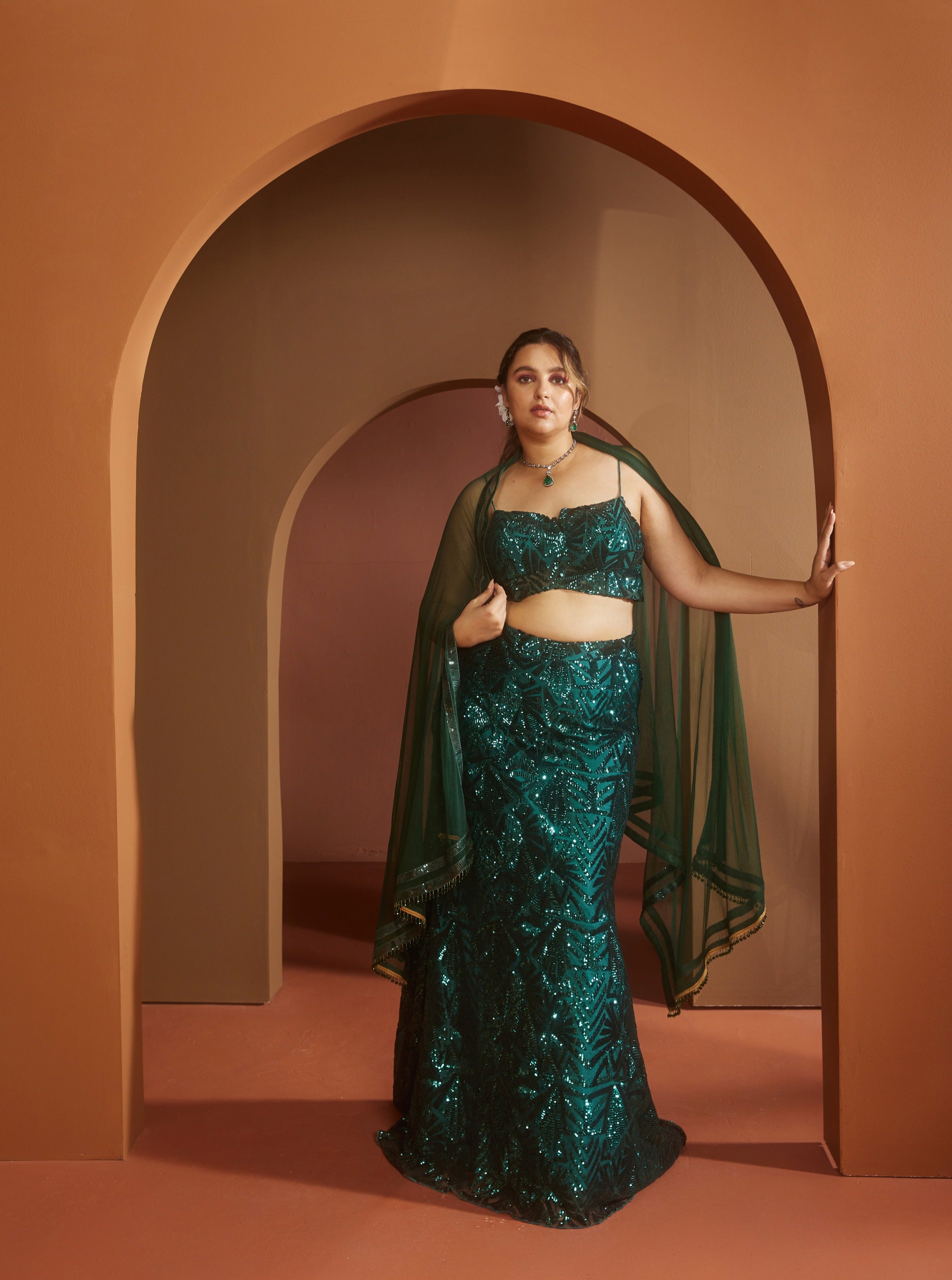 Shop Emerald Green Sequin Lehenga Online