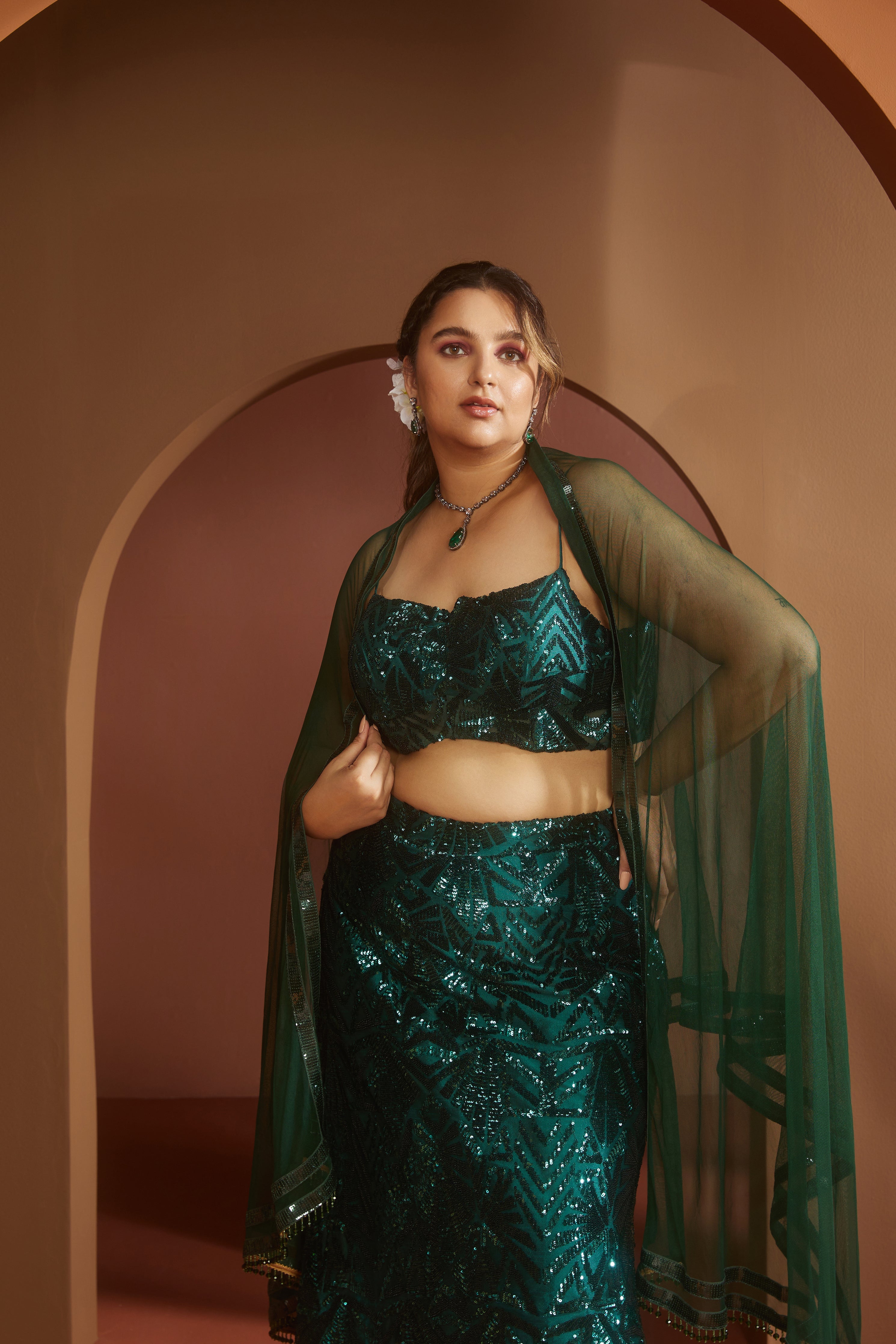 Shop Emerald Green Sequin Lehenga Online