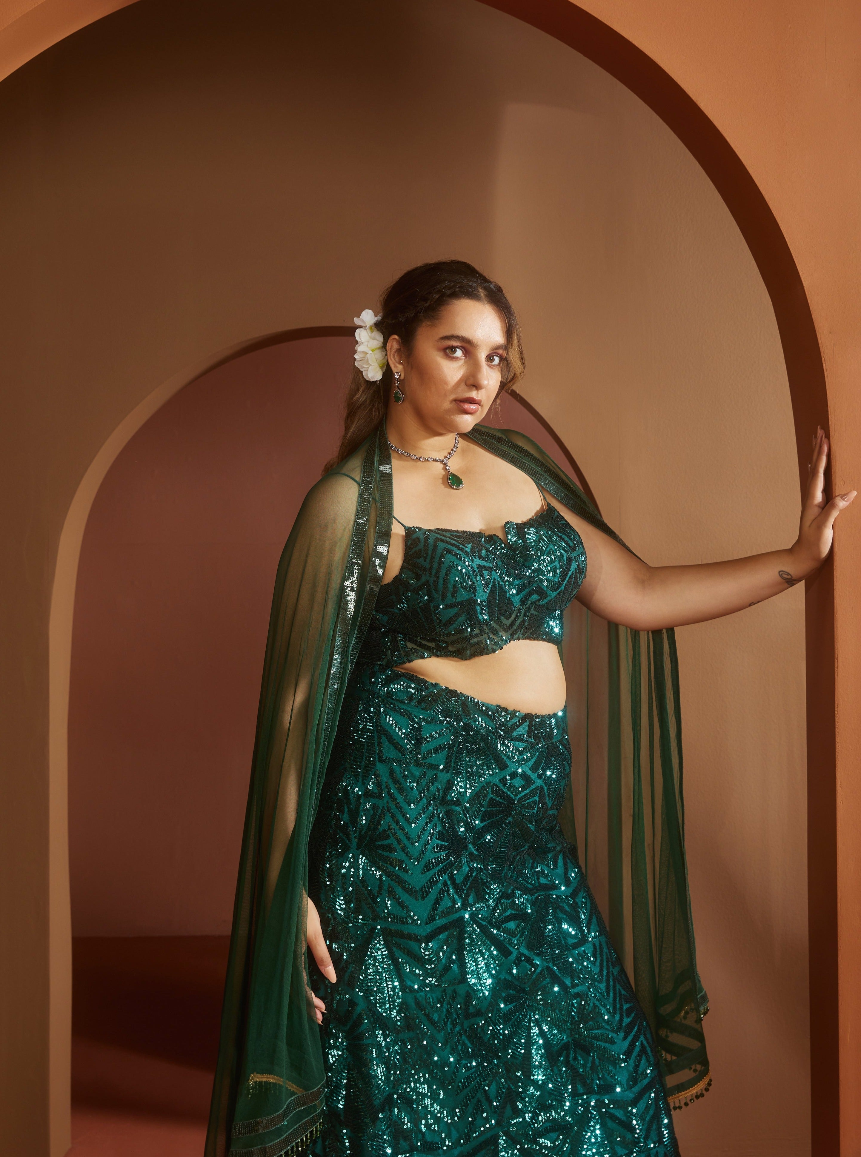 Shop Emerald Green Sequin Lehenga Online