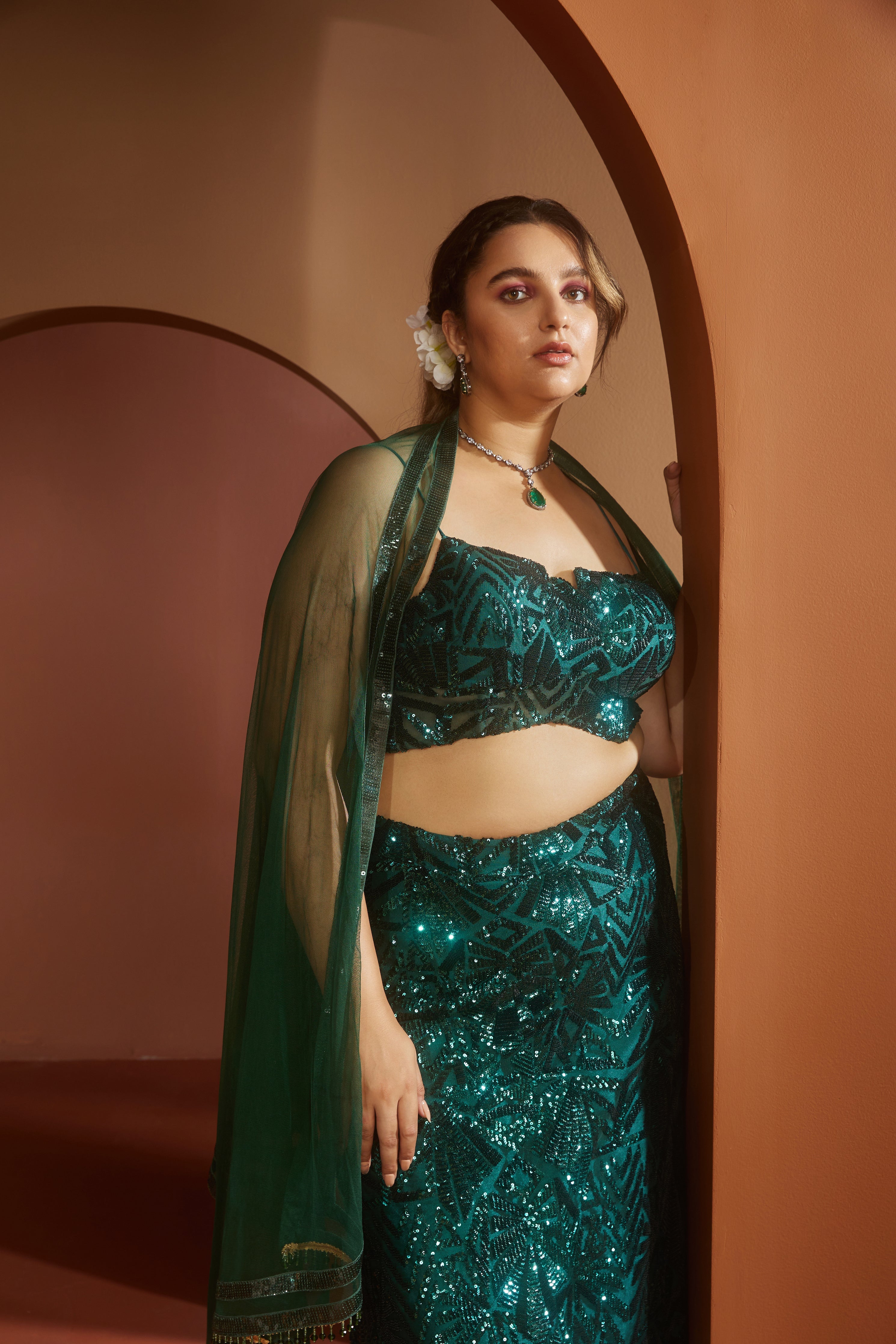 Shop Emerald Green Sequin Lehenga Online