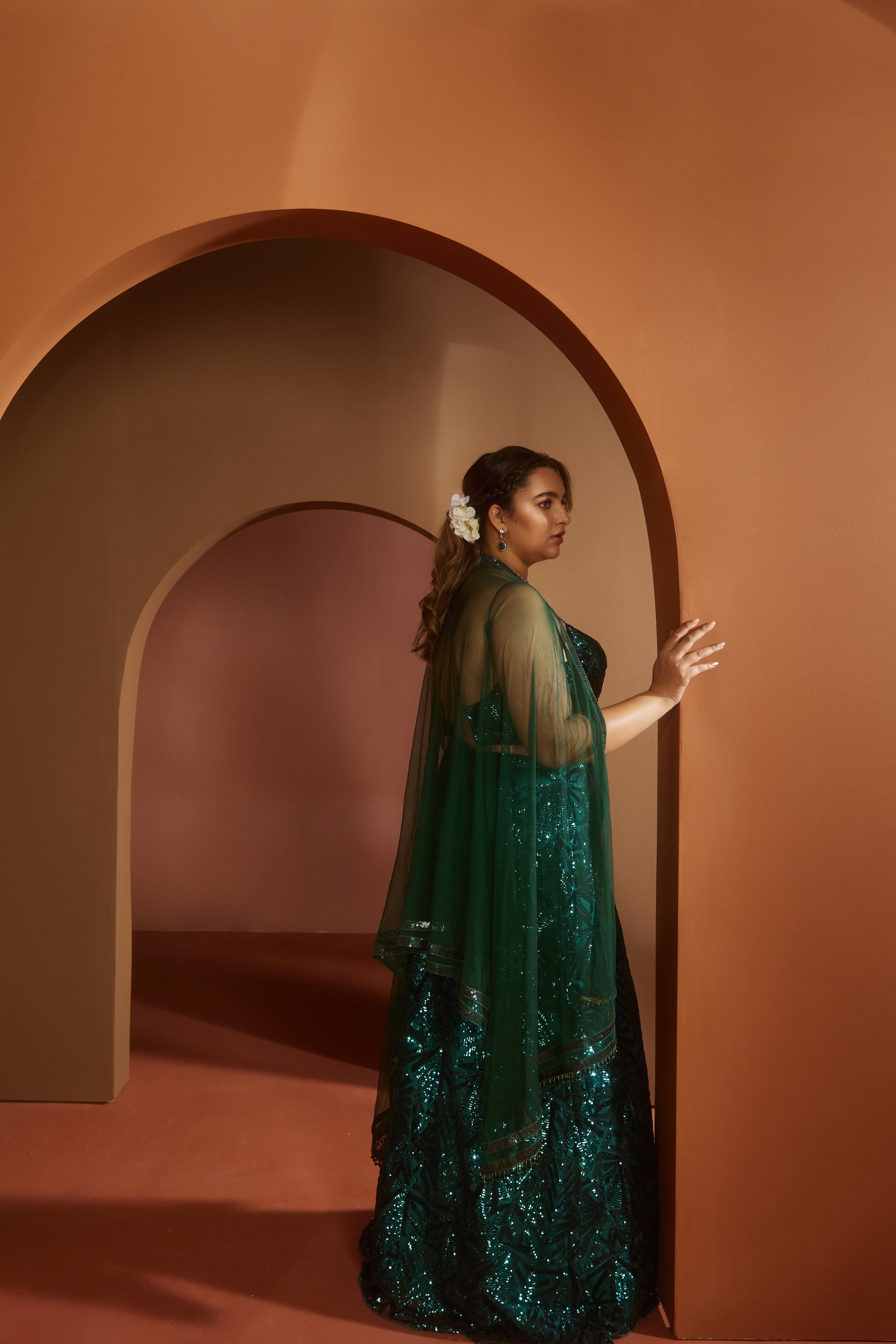 Shop Emerald Green Sequin Lehenga Online