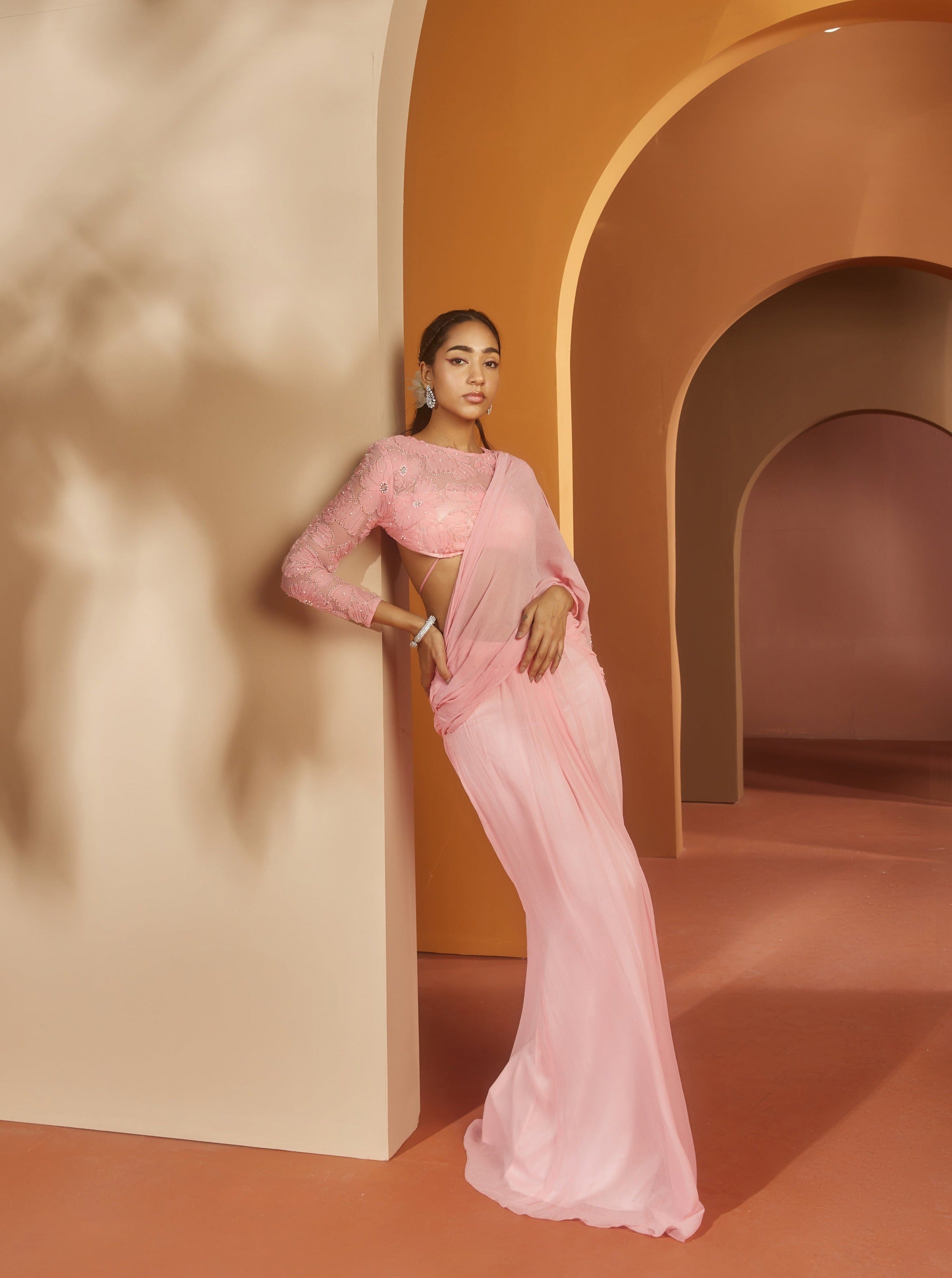 Pink Flower Embroidery Pre- Draped Saree