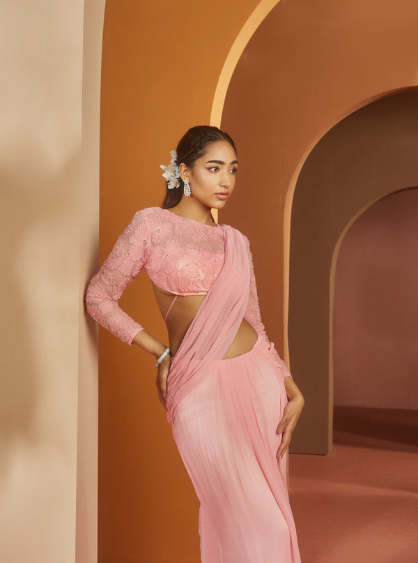 Pink Flower Embroidery Pre- Draped Saree
