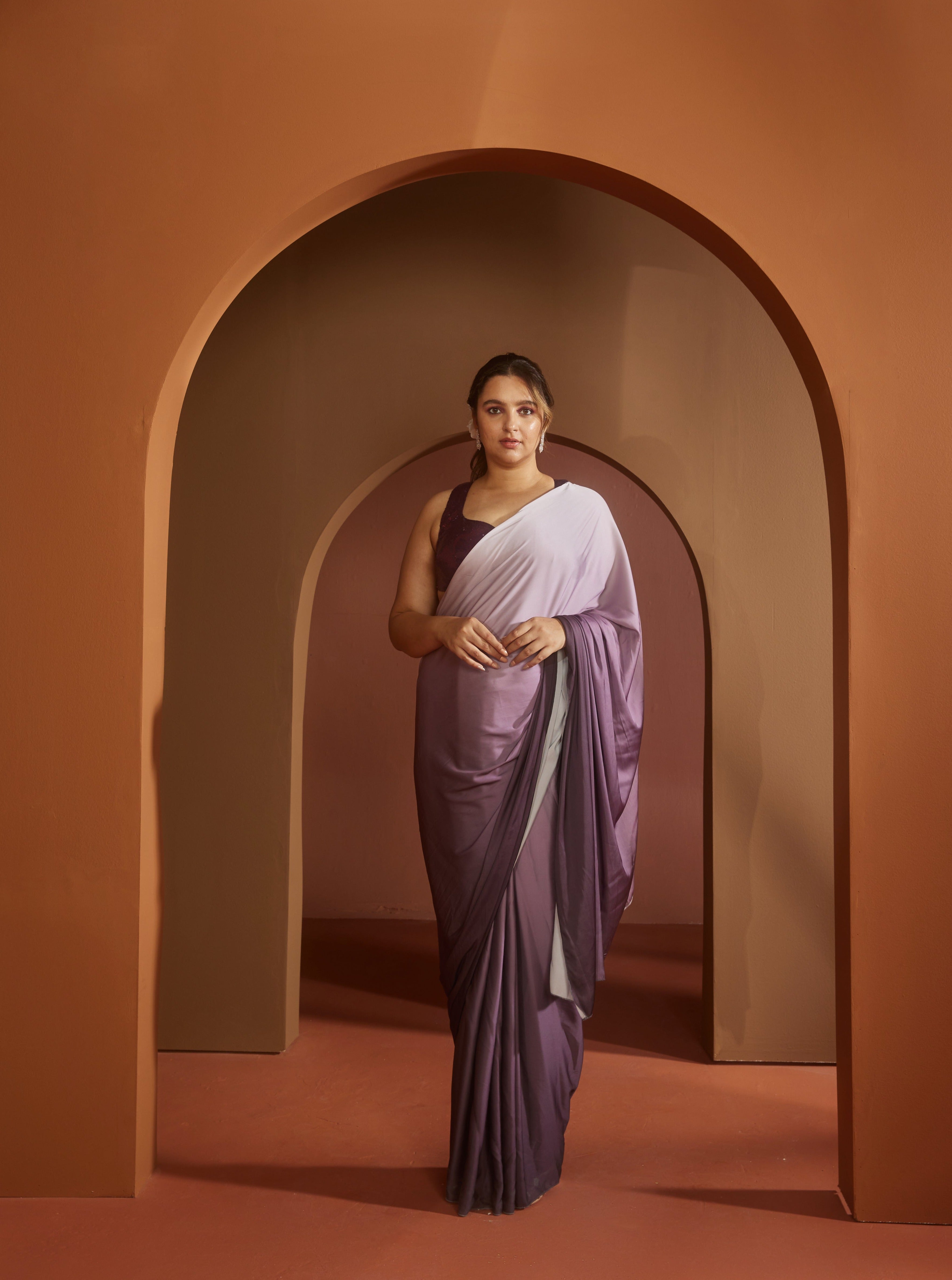 Purple Ombre Satin Saree Set