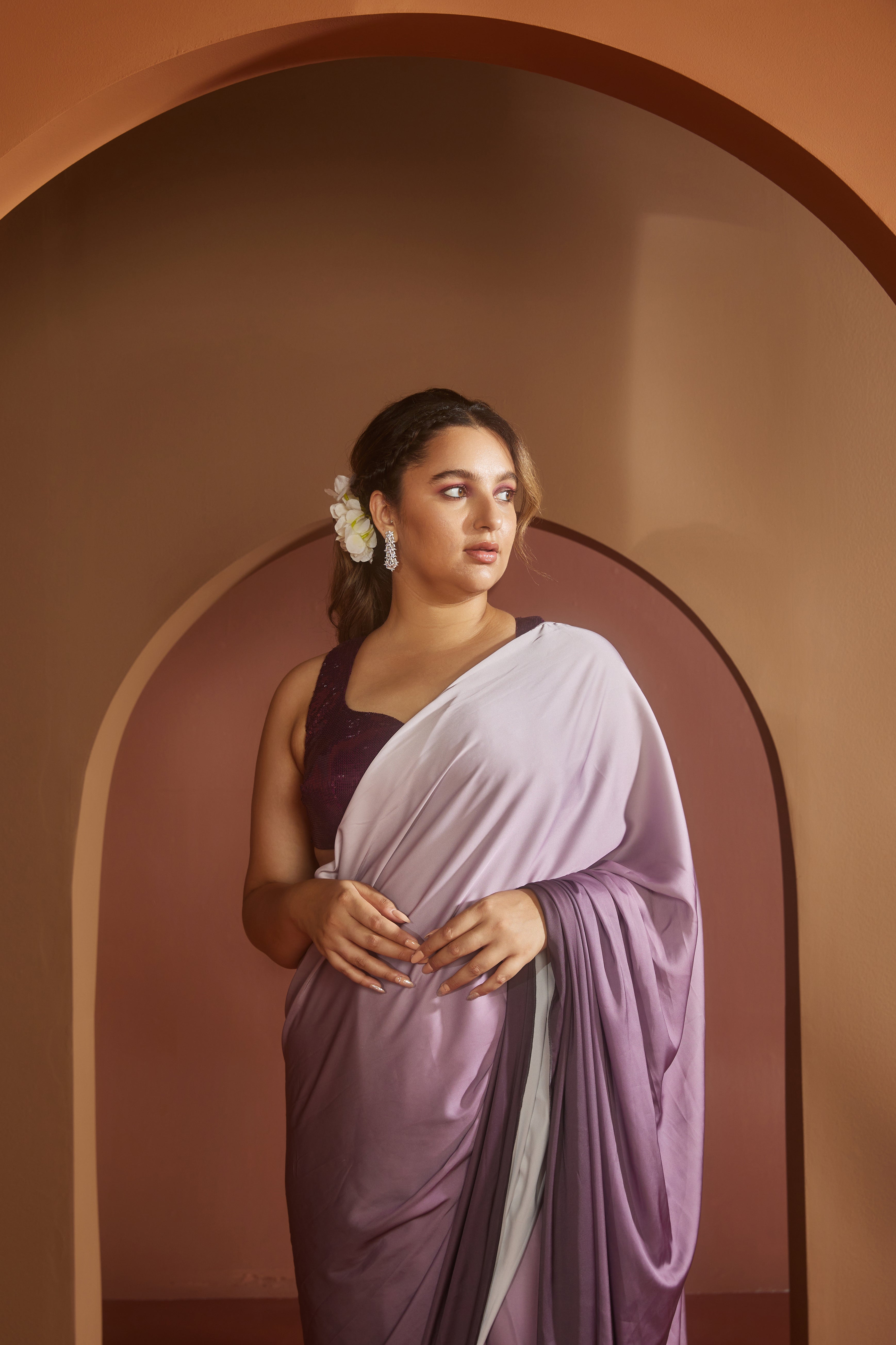 Purple Ombre Satin Saree Set