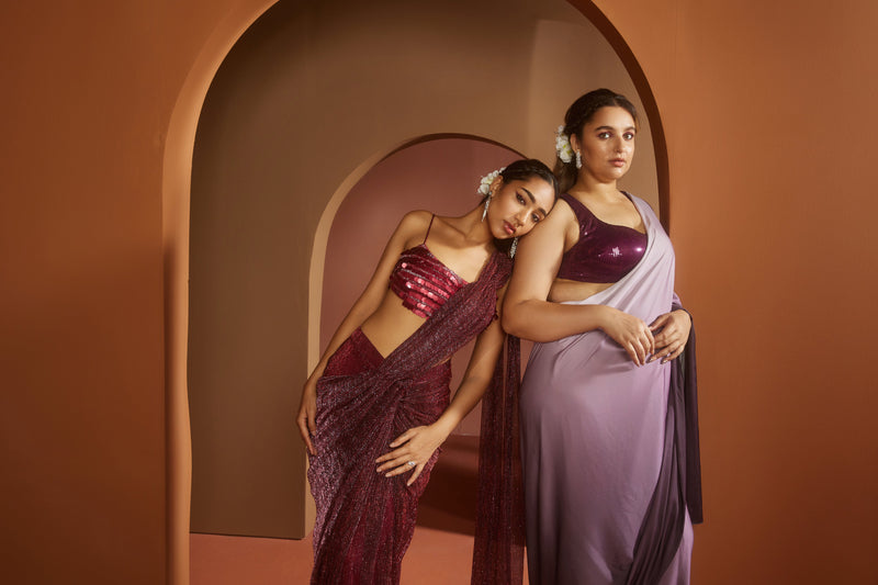 Humaida Maroon Shimmer Pre- Draped Saree Set