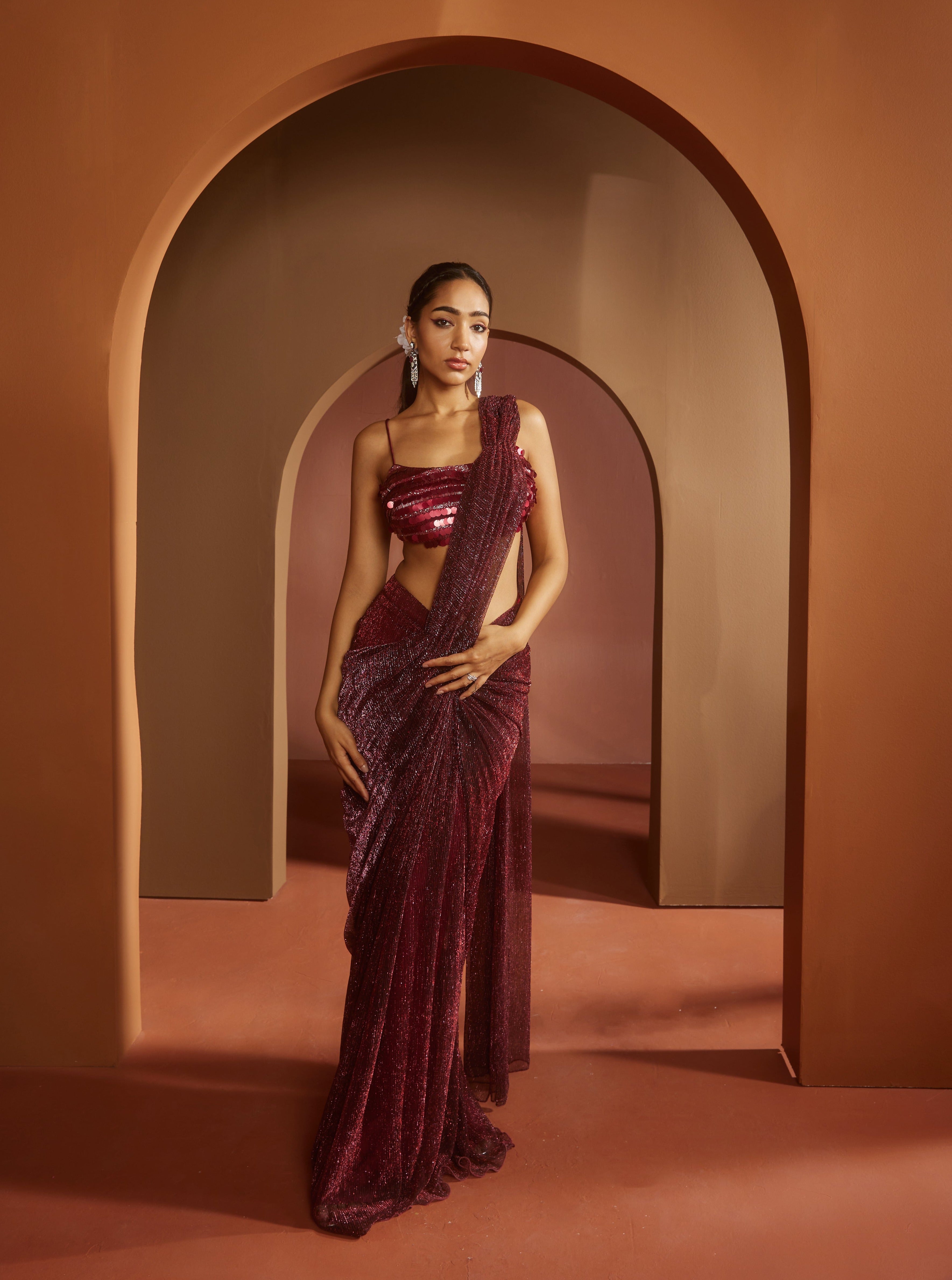 Maroon Shimmer Pre- Draped Saree 