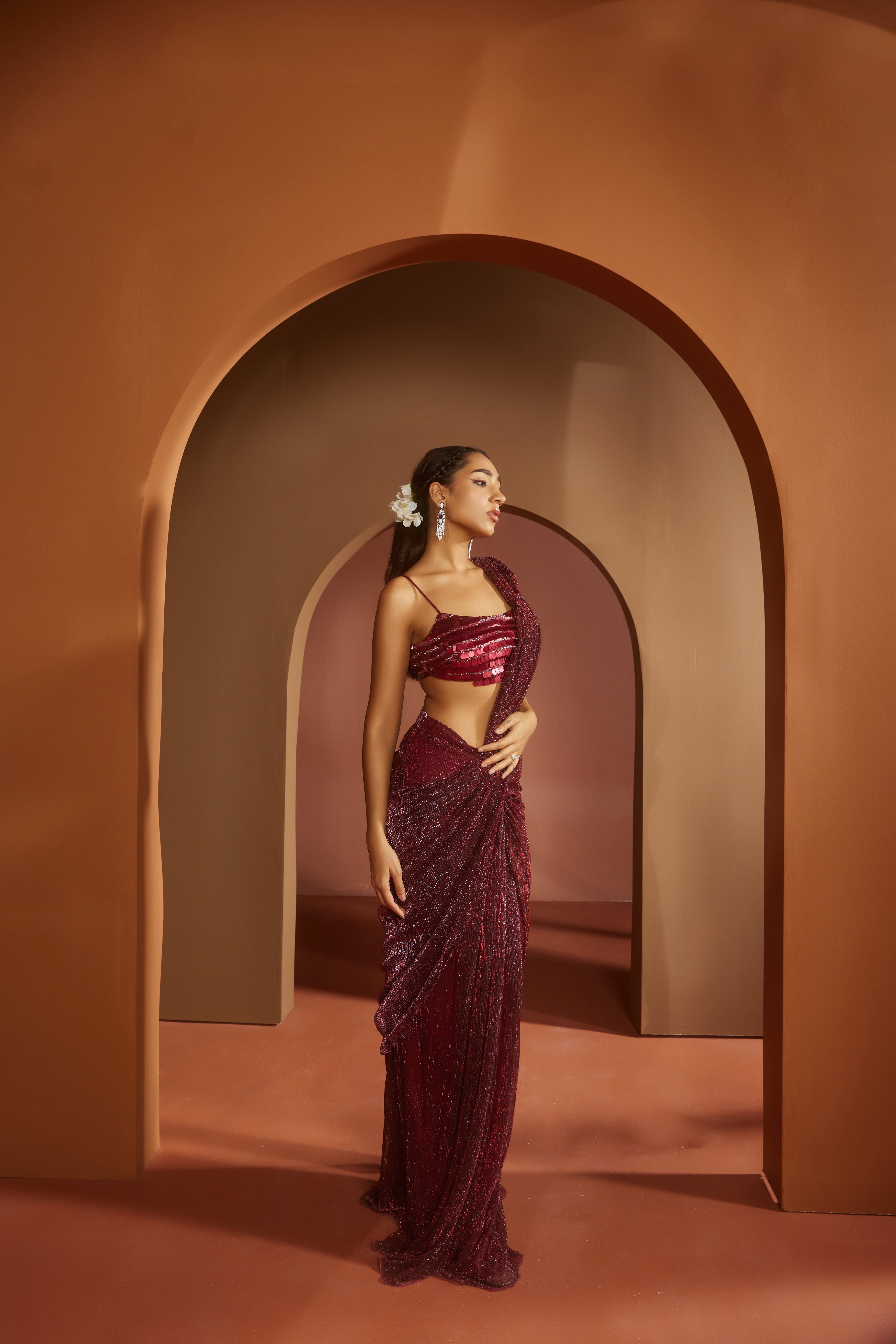 Maroon Shimmer Pre- Draped Saree