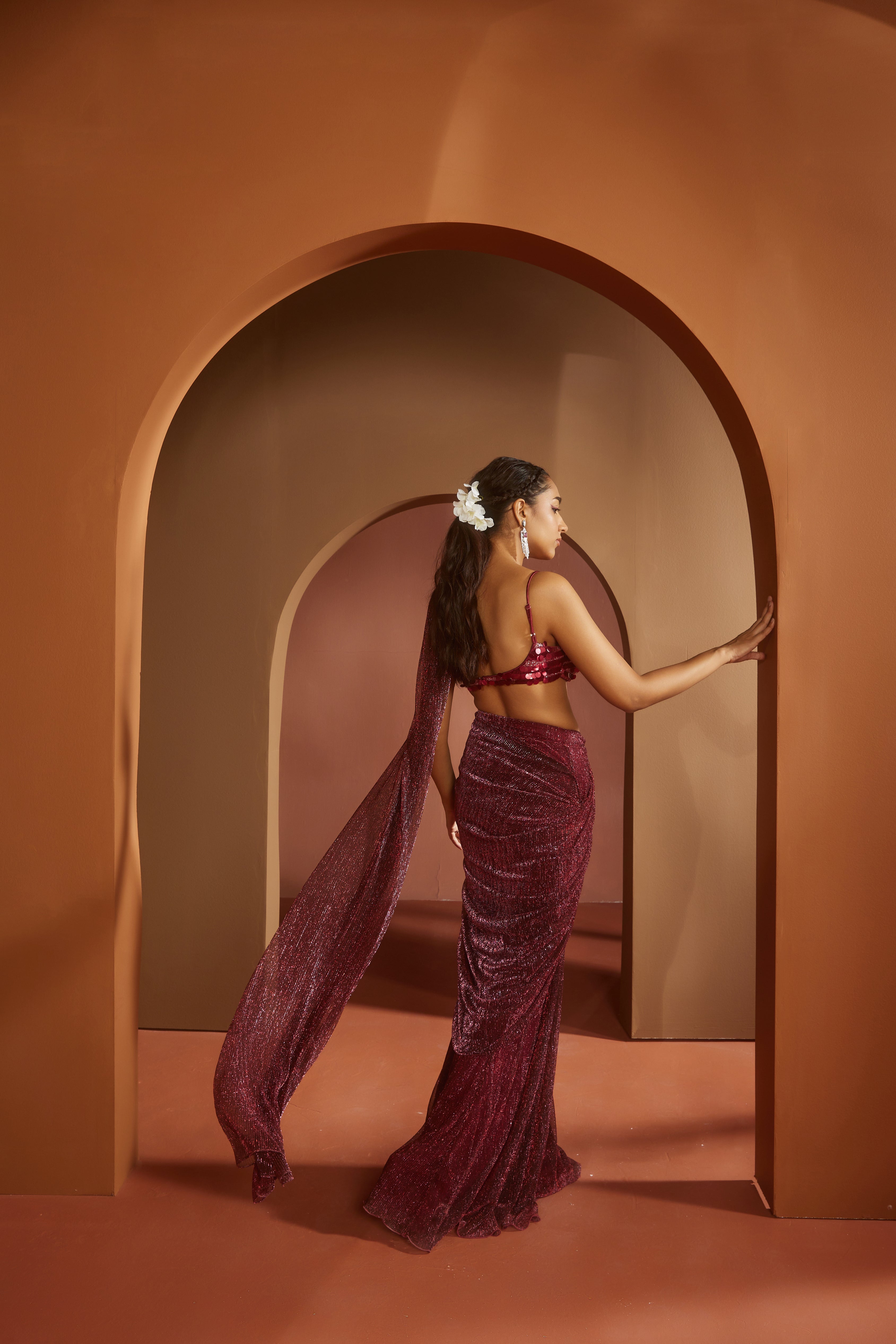 Maroon Shimmer Pre- Draped Saree