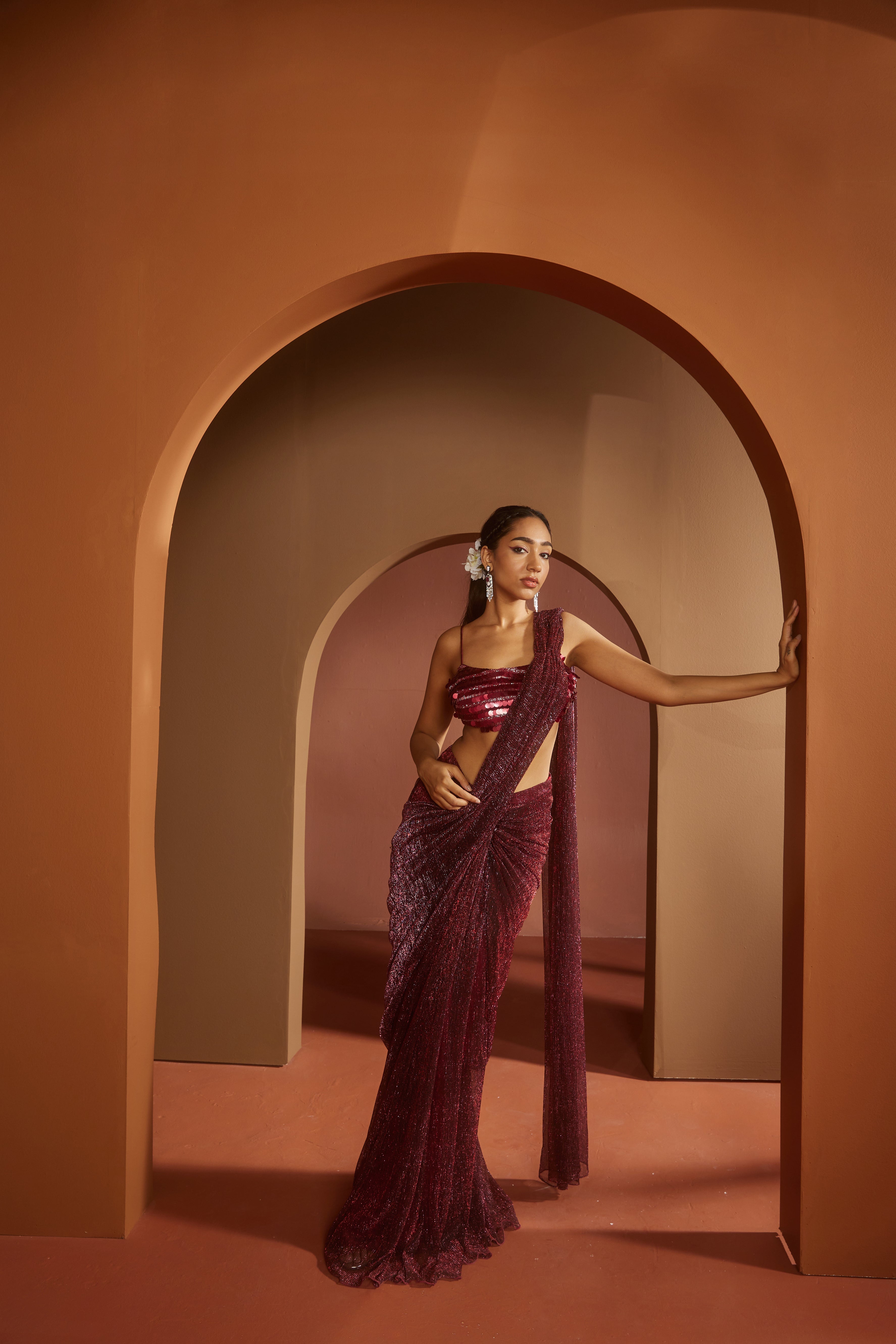 Maroon Shimmer Pre- Draped Saree
