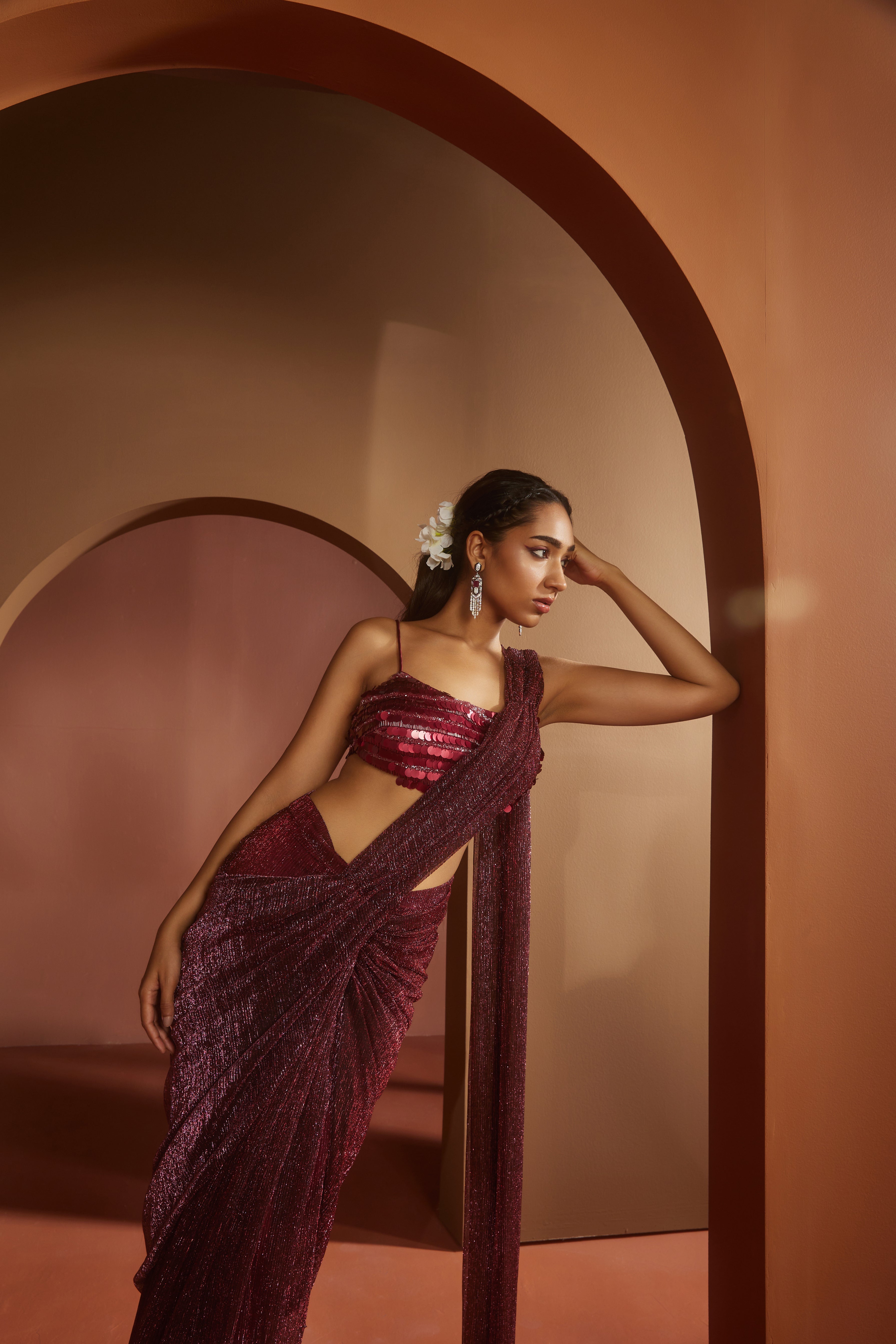 Maroon Shimmer Pre- Draped Saree