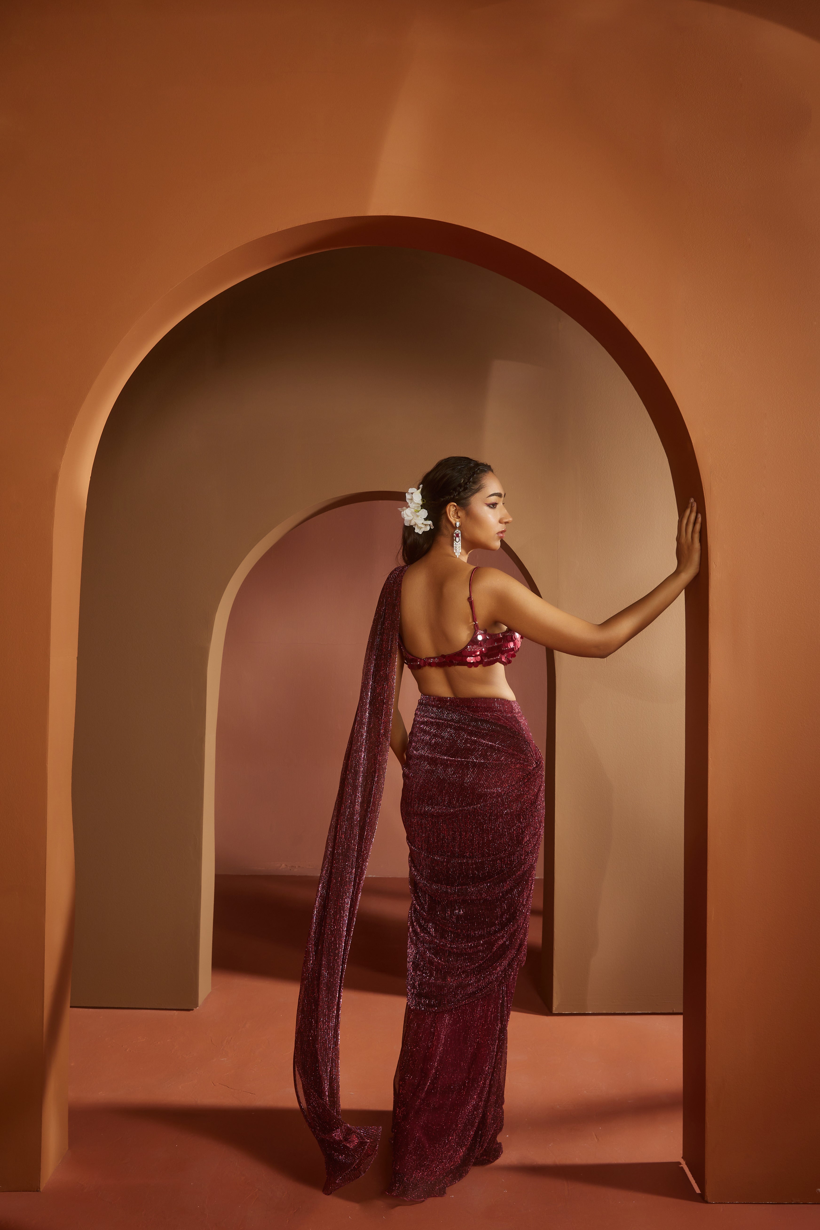 Maroon Shimmer Pre- Draped Saree