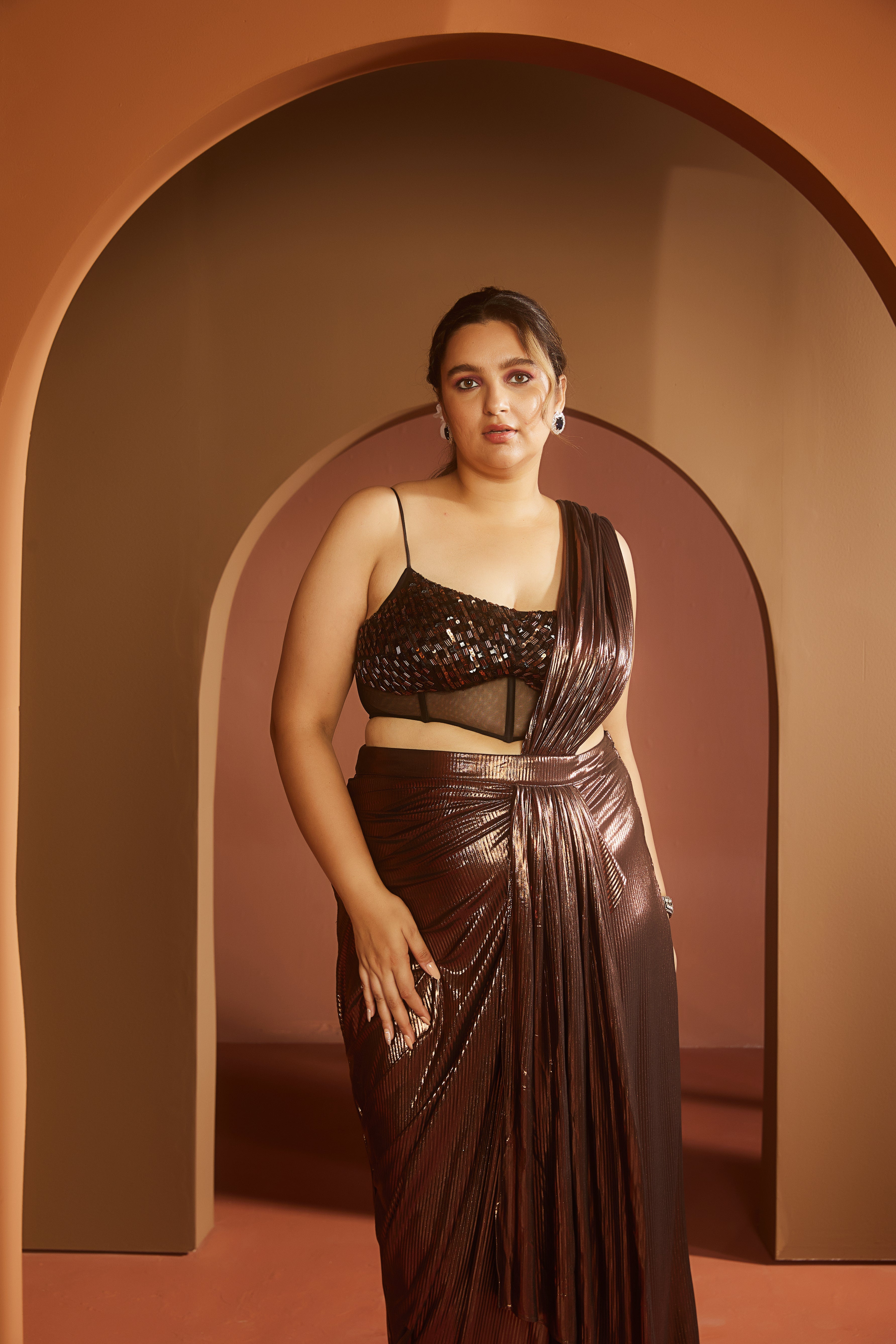 Brown Metallic Saree Set