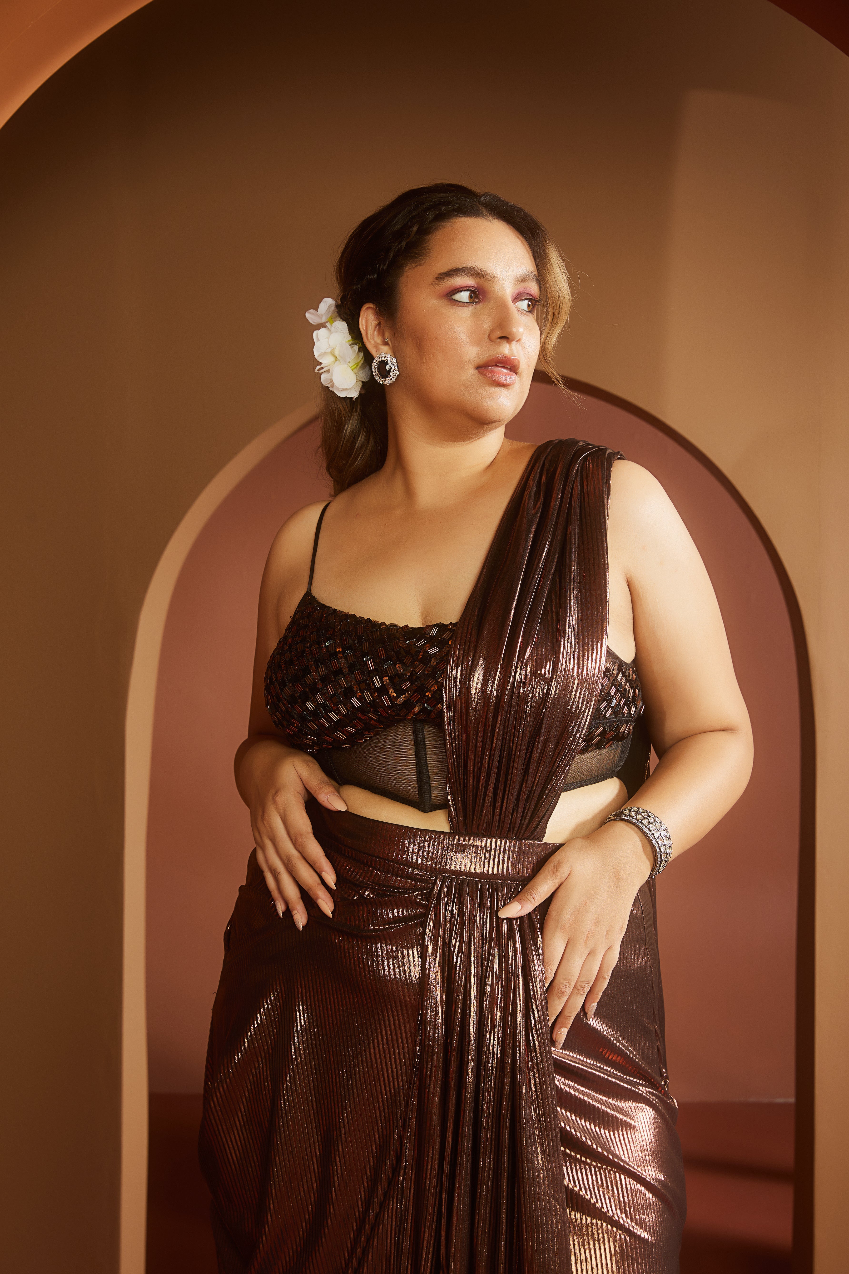 Brown Metallic Saree Set