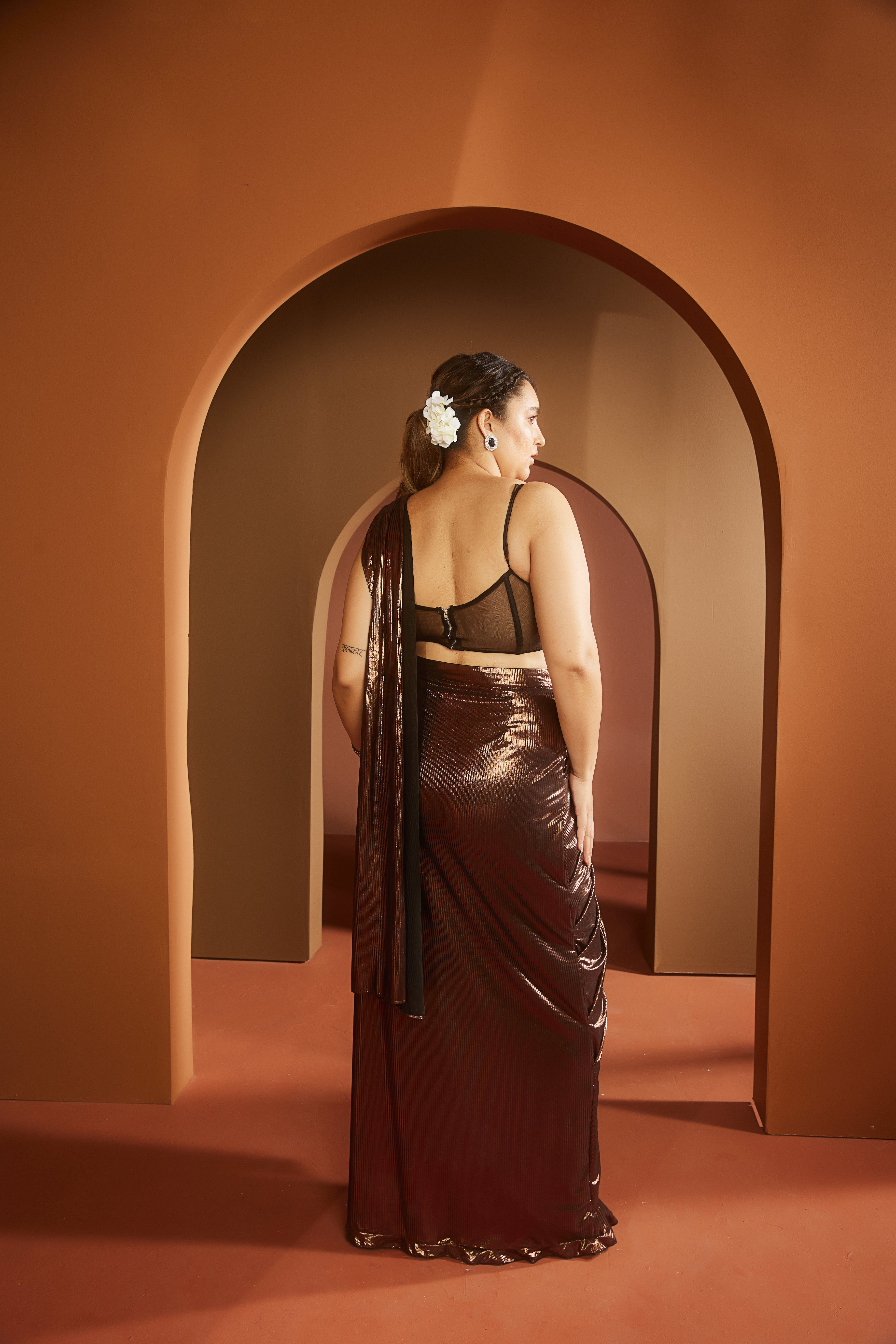 Brown Metallic Saree Set