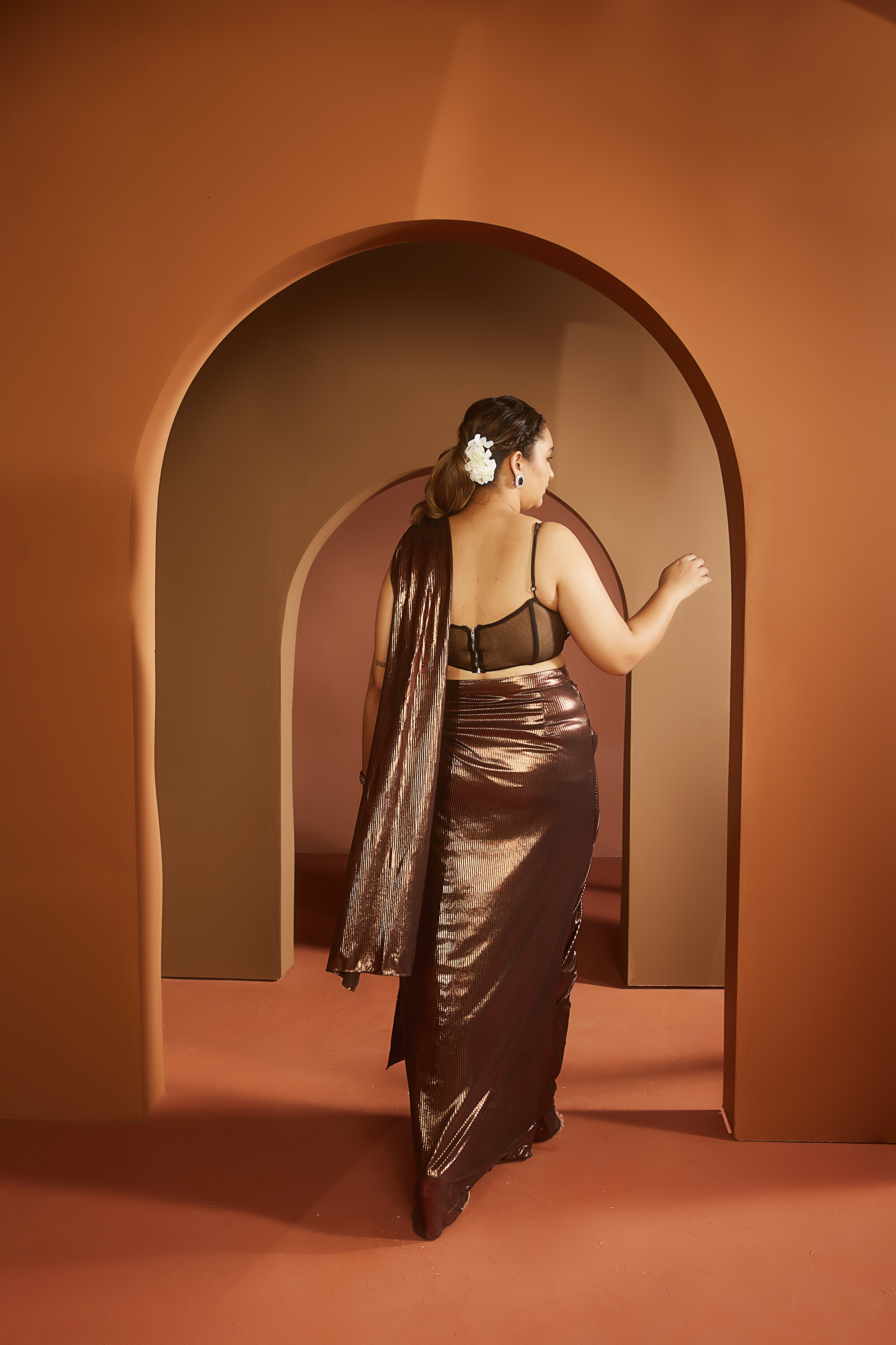Brown Metallic Saree Set