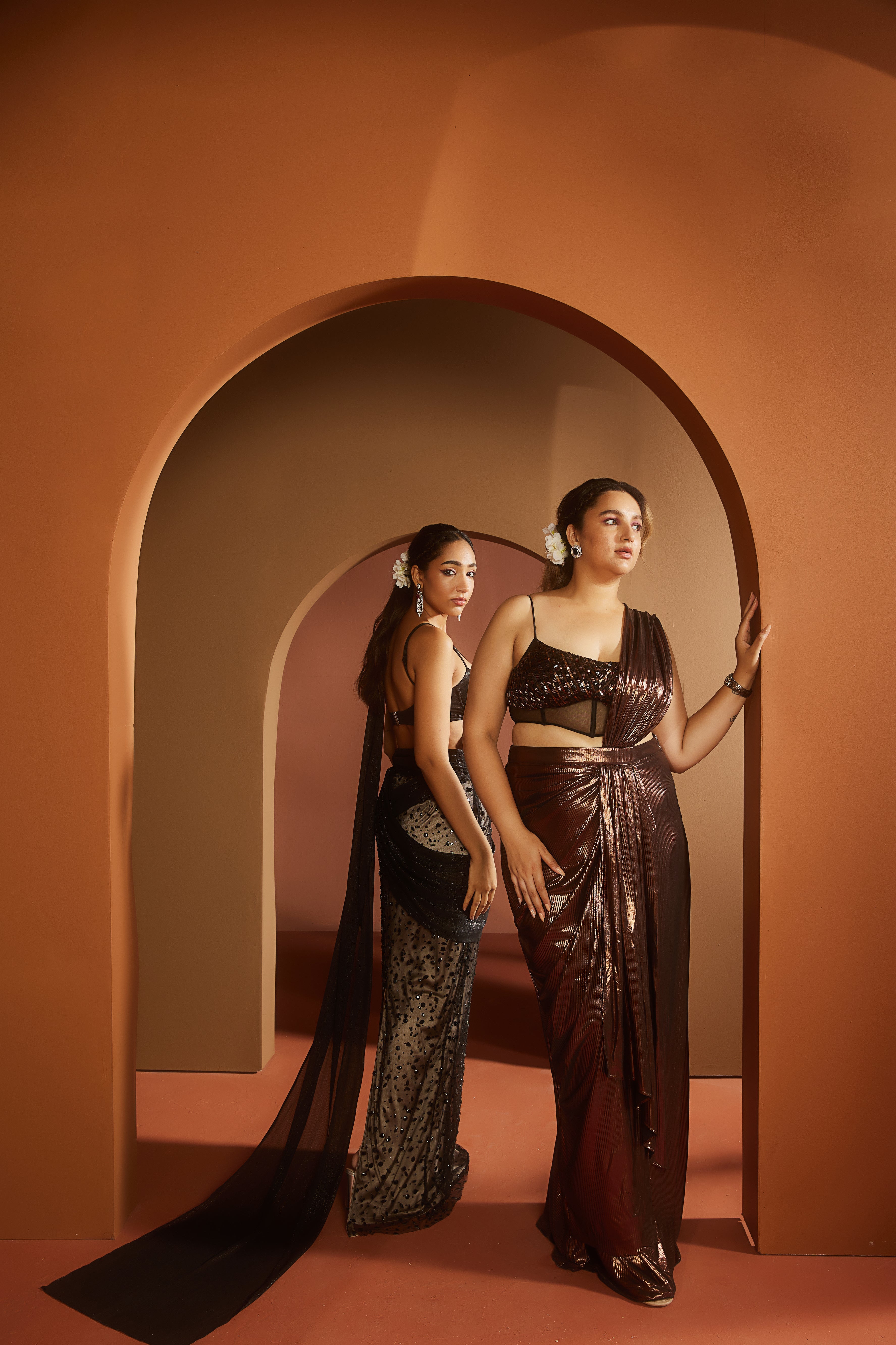 Black and Nude Embroidered Saree Set