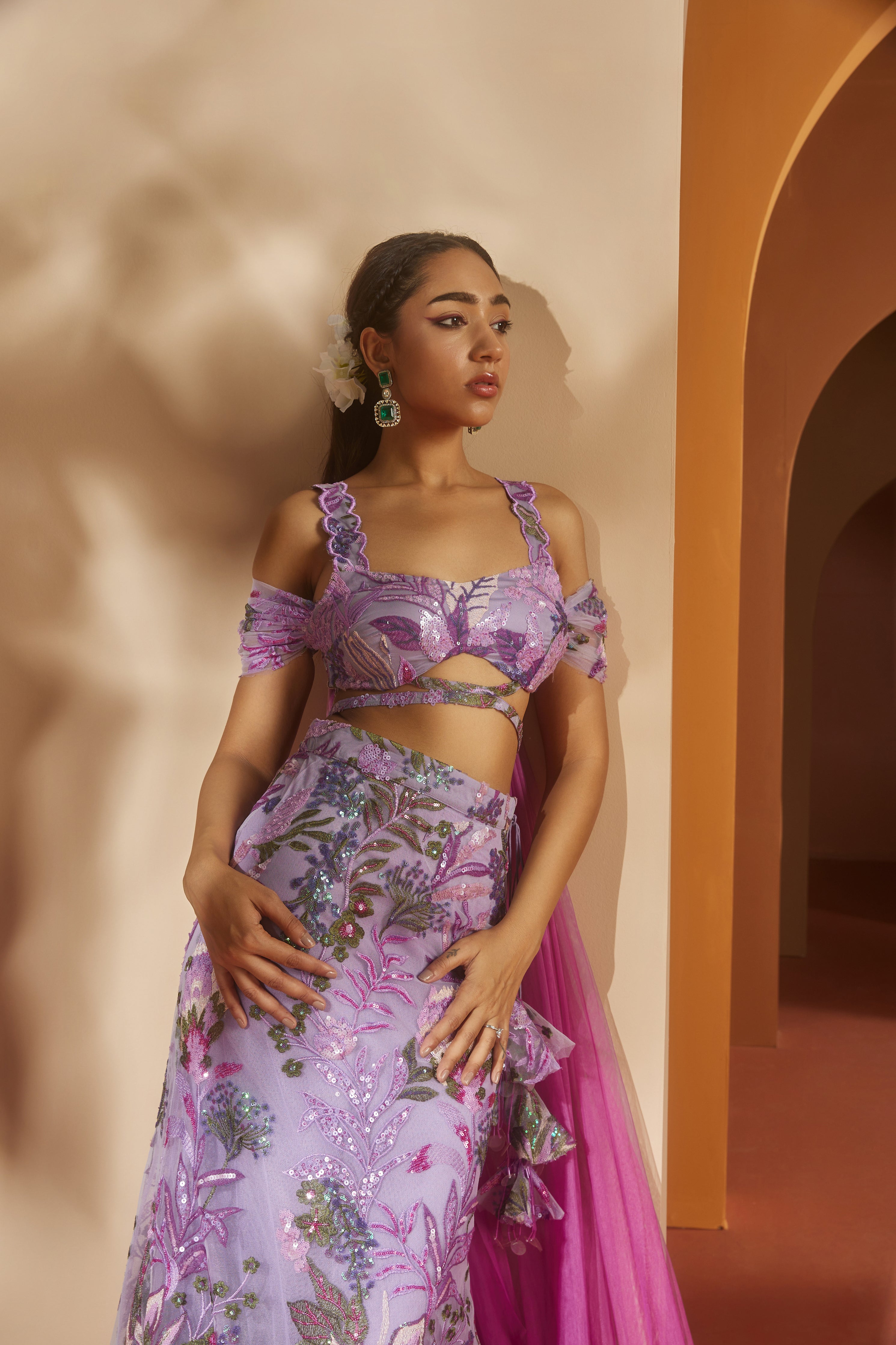 Shop Purple Floral Sequin Lehenga