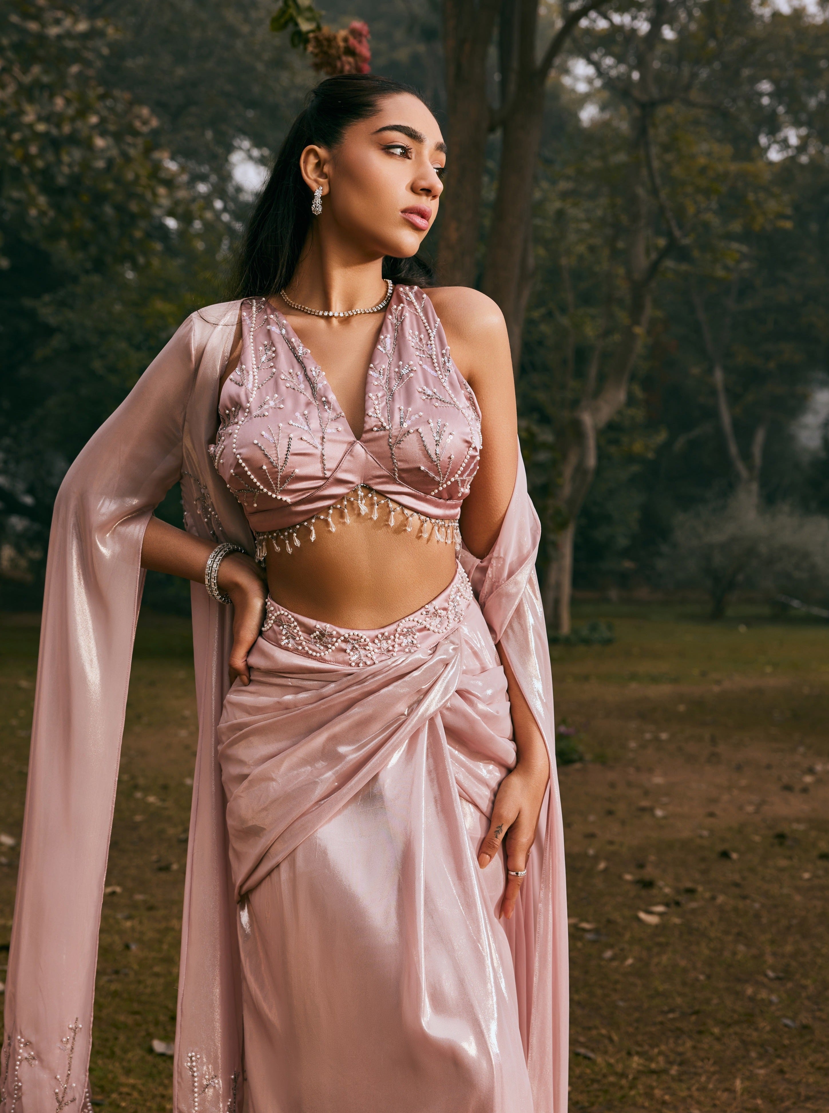 Buy Mauve Chiffon Hand Embroidered Coord Set