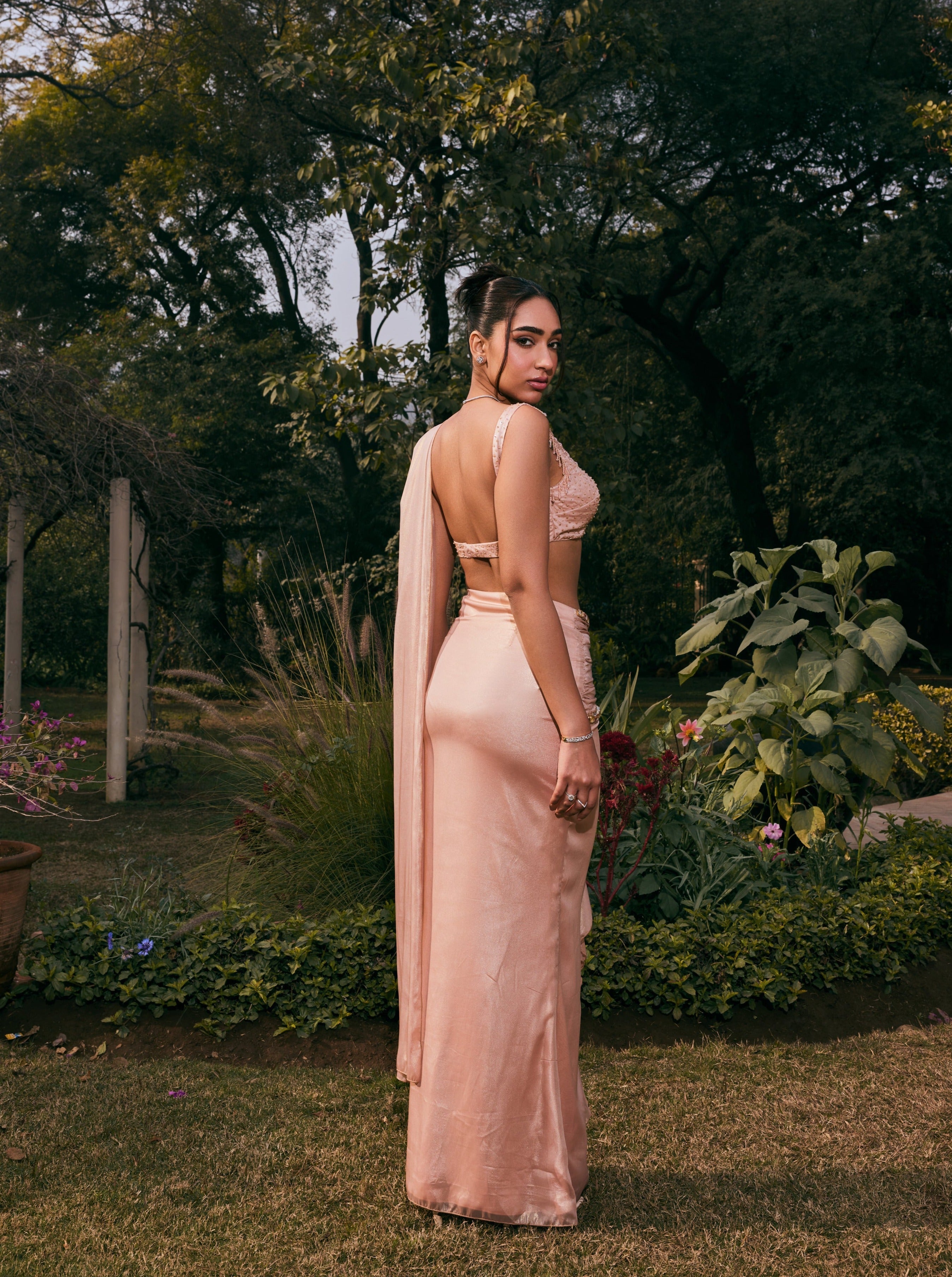Nude Shimmer Organza Pre- Draped Saree Set