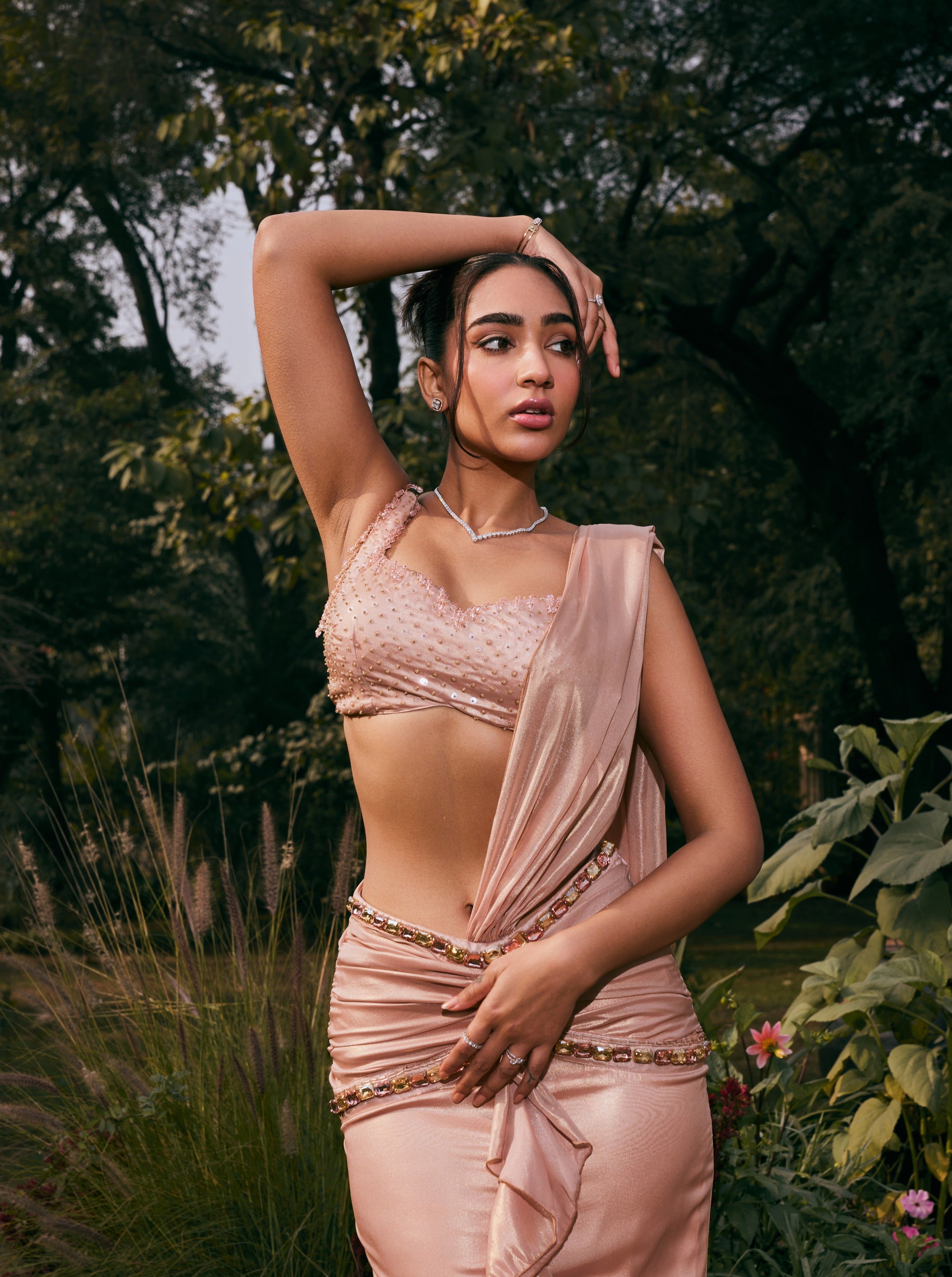 Nude Shimmer Organza Pre- Draped Saree Set