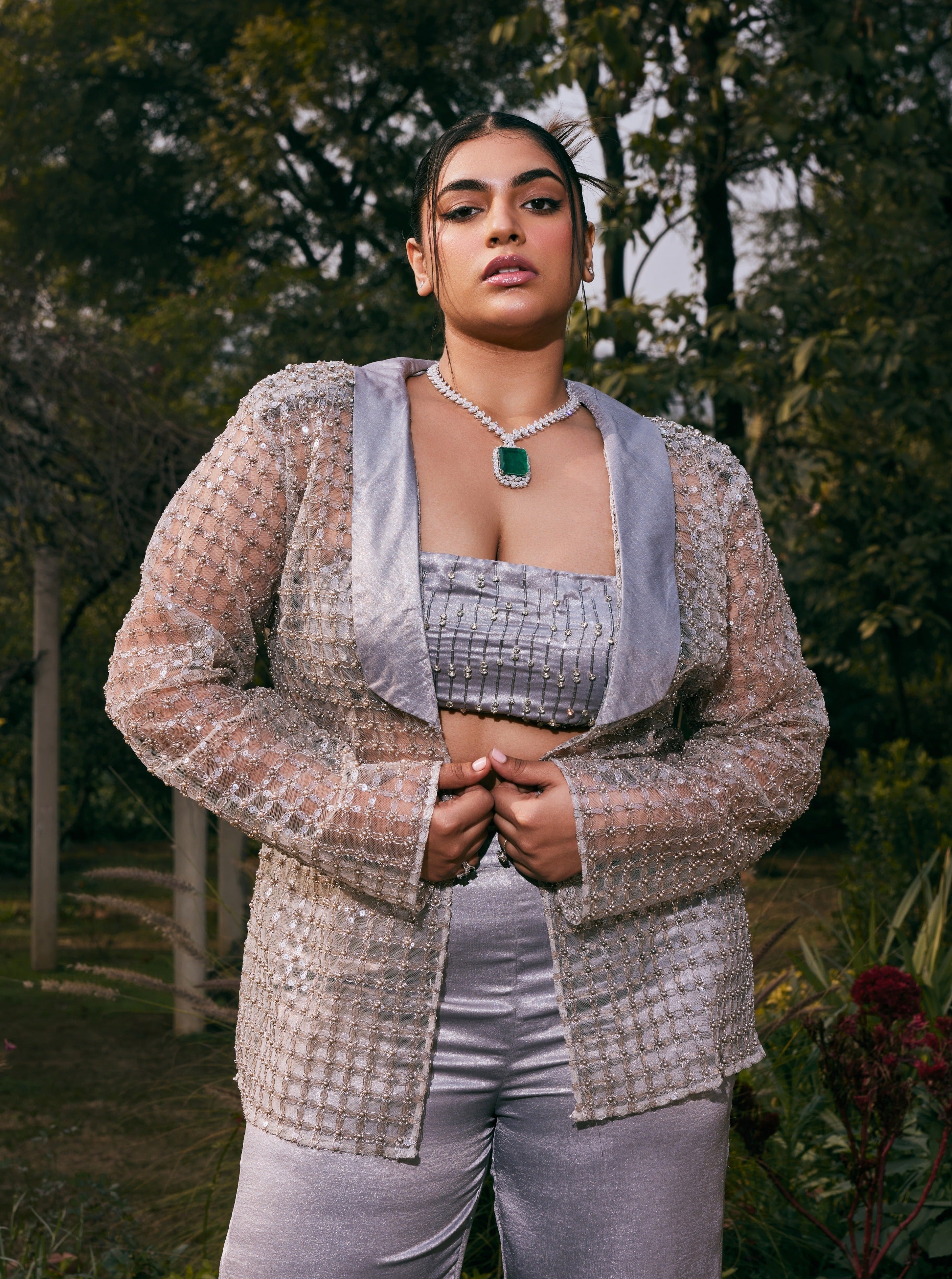 Safa Grey Shimmer Satin Hand-Embroidered Coord Set