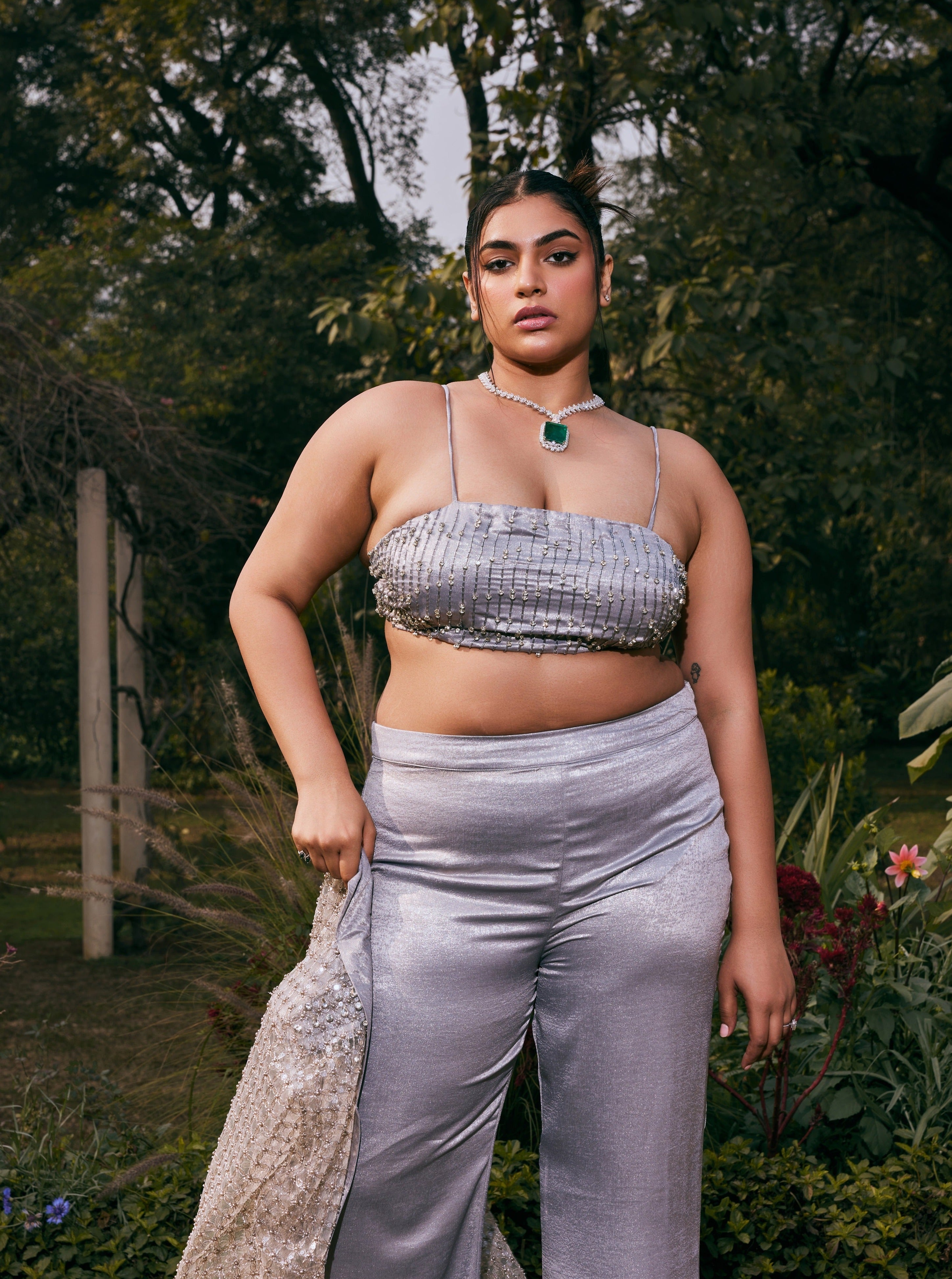 Safa Grey Shimmer Satin Hand-Embroidered Coord Set