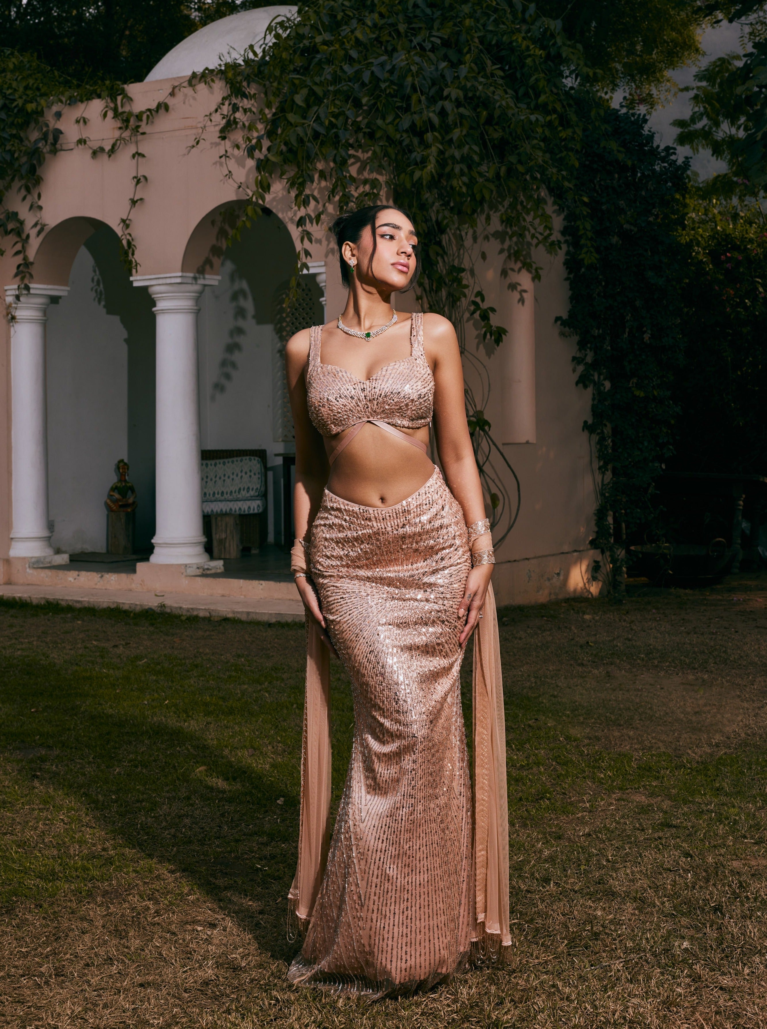 Buy Rose Gold Hand-Embroidered Mermaid Lehenga Set