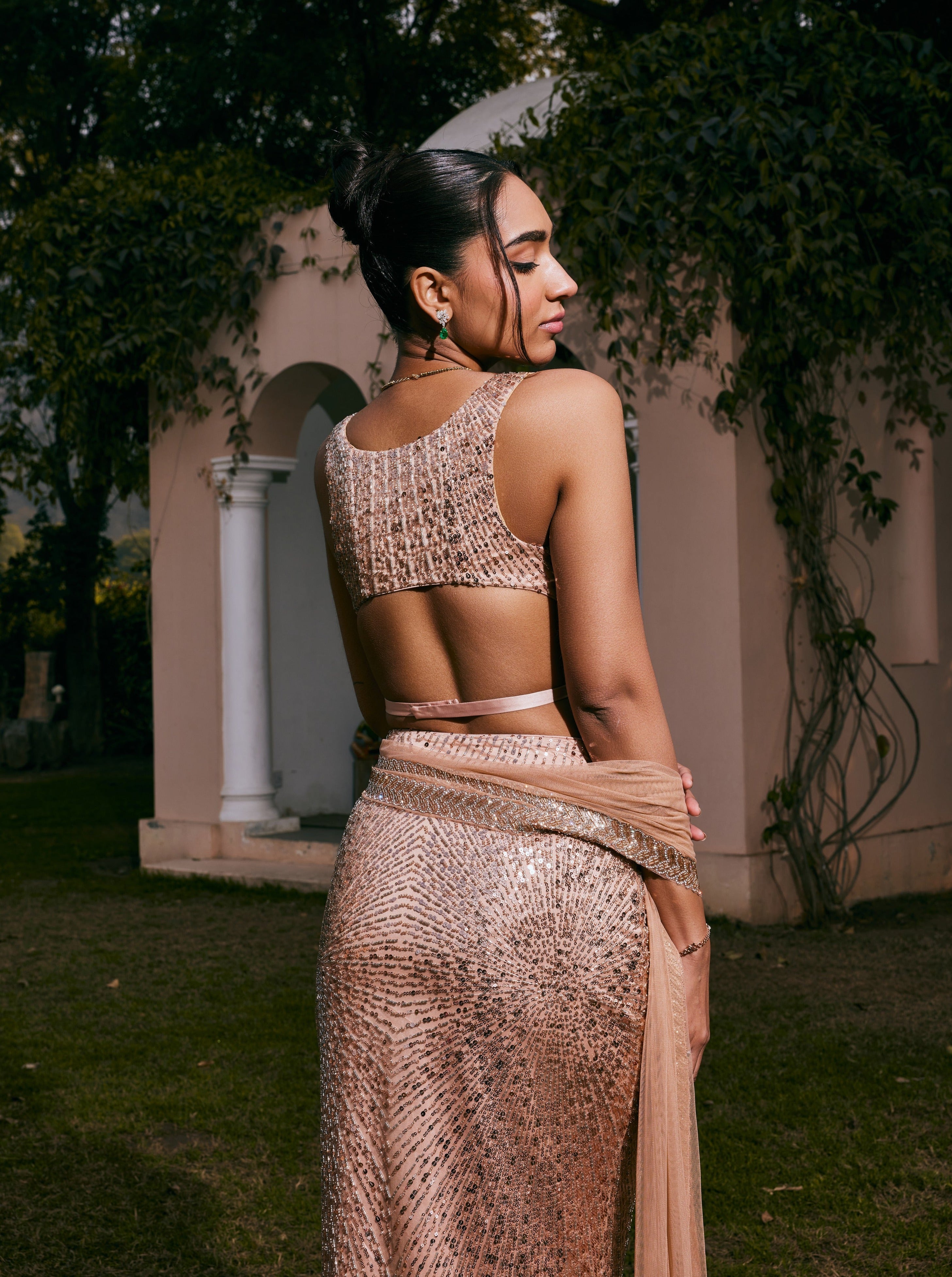 Buy Rose Gold Hand-Embroidered Mermaid Lehenga Set