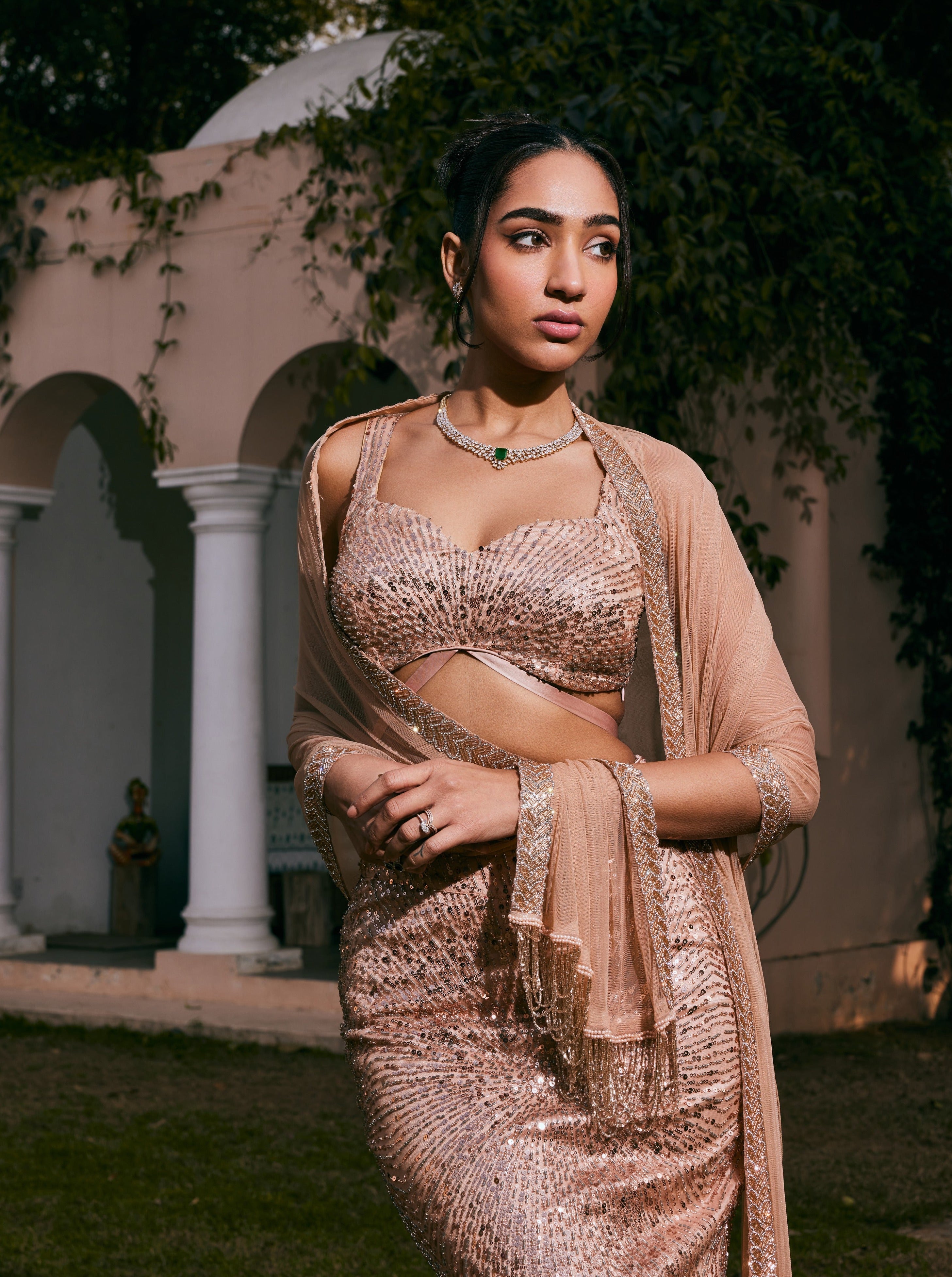 Buy Rose Gold Hand-Embroidered Mermaid Lehenga Set