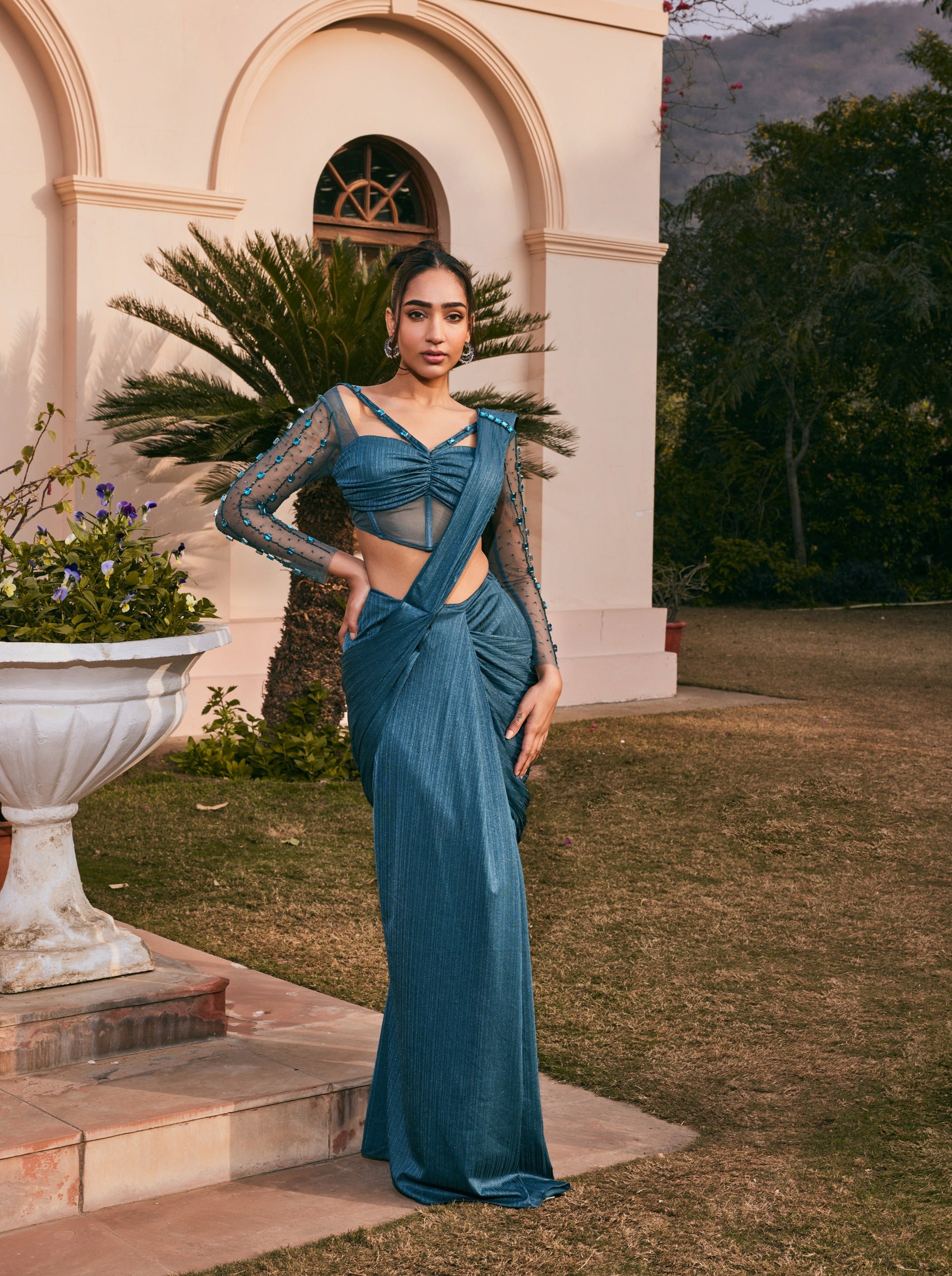 Teal Chiffon Pre- Draped Saree Set