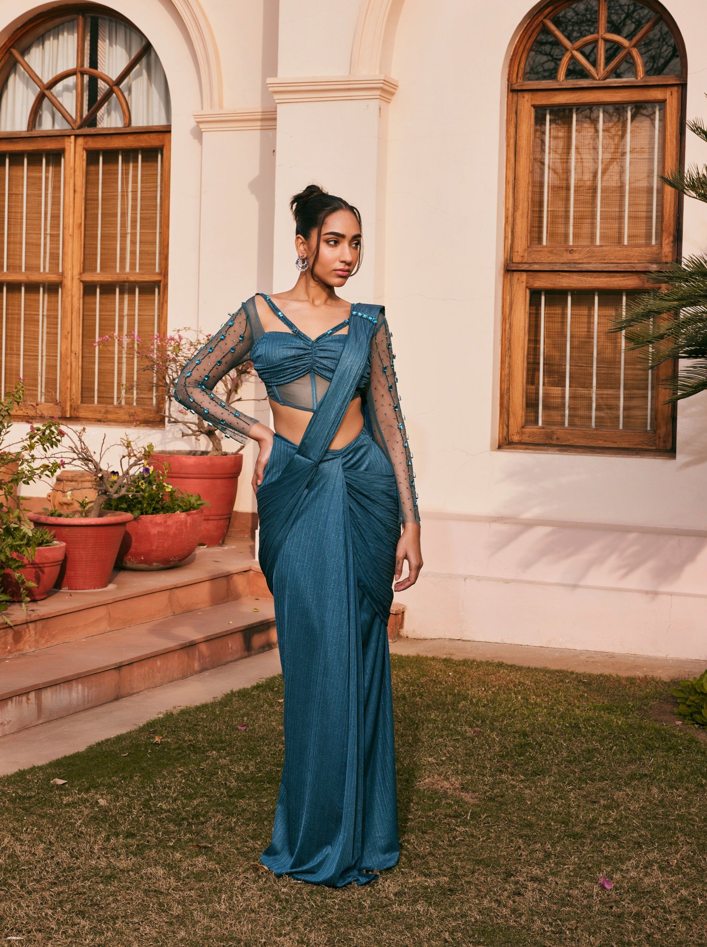 Teal Chiffon Pre- Draped Saree Set