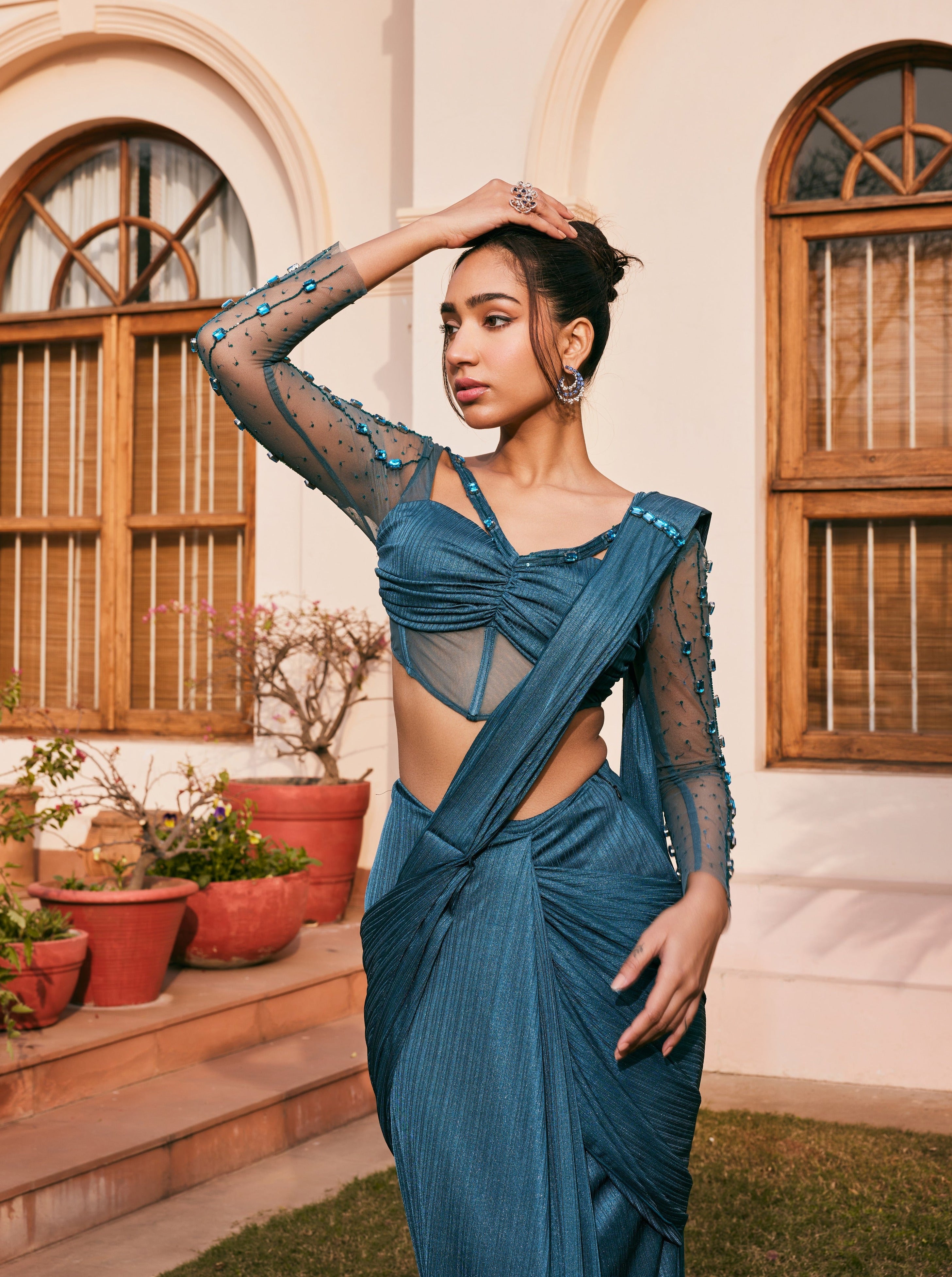 Teal Chiffon Pre- Draped Saree Set