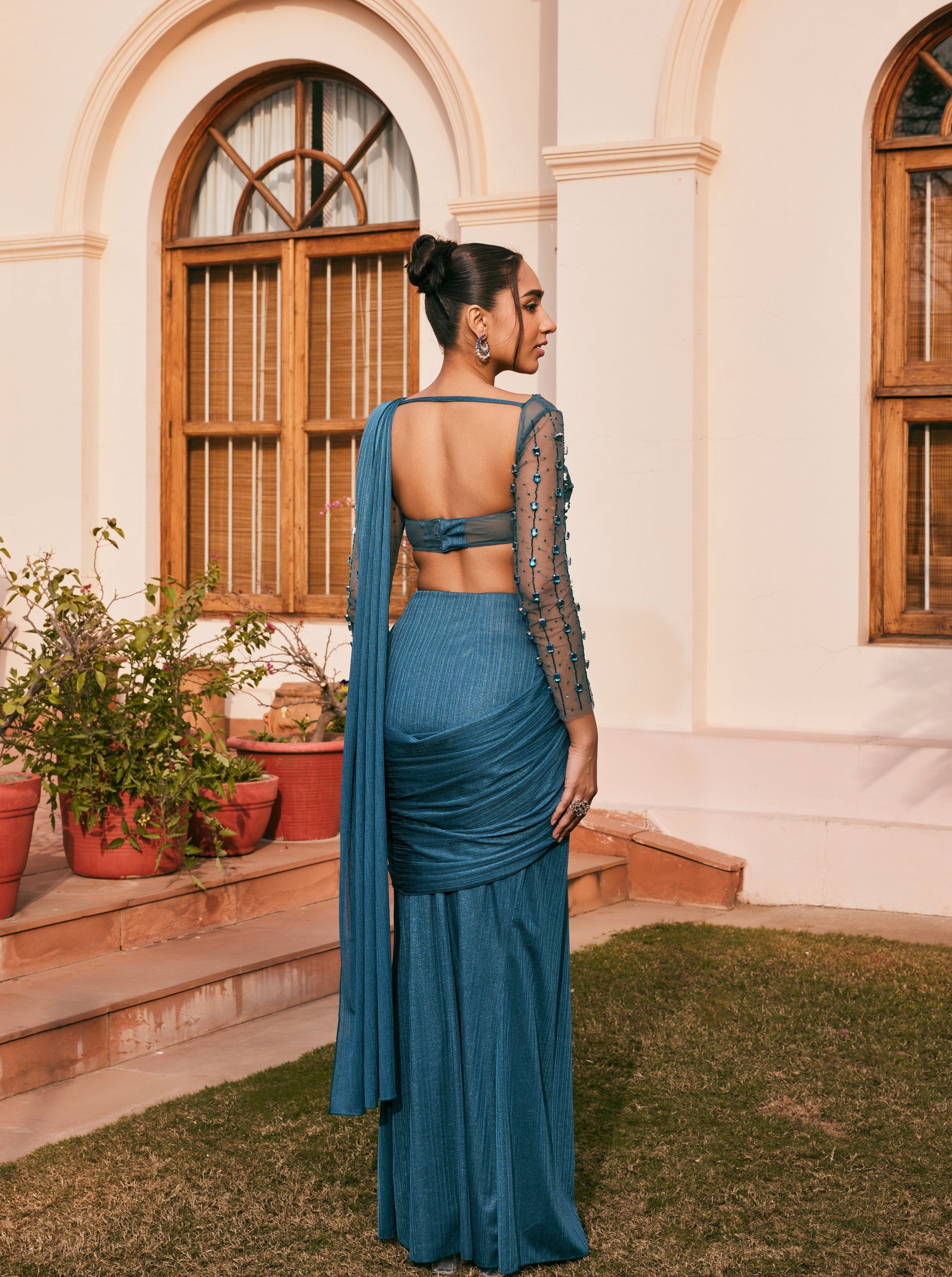 Teal Chiffon Pre- Draped Saree Set