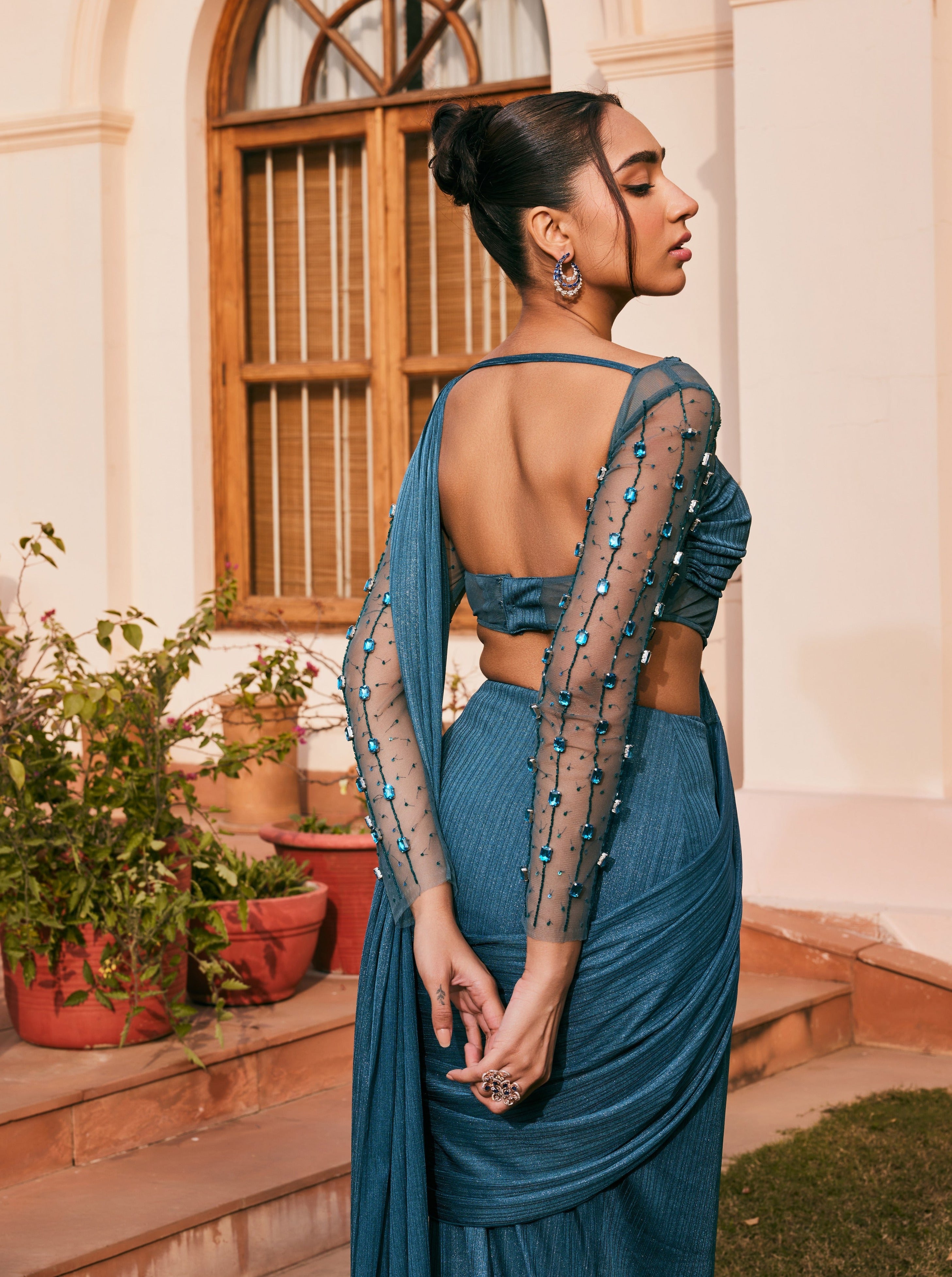 Teal Chiffon Pre- Draped Saree Set